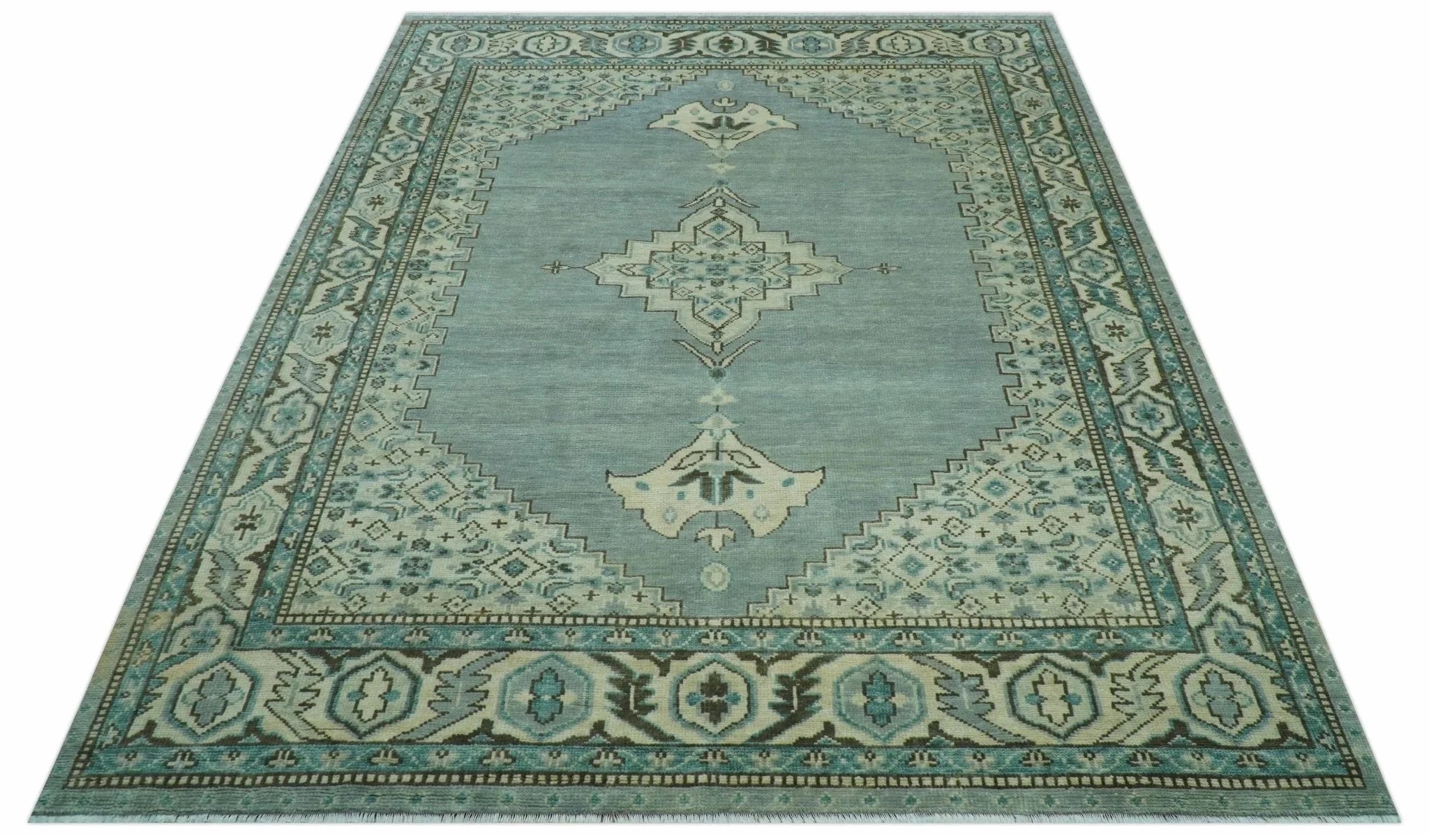 Custom Made Blue And Gray Traditional Medallion Hand Knotted Wool Rug - The Rug Decor