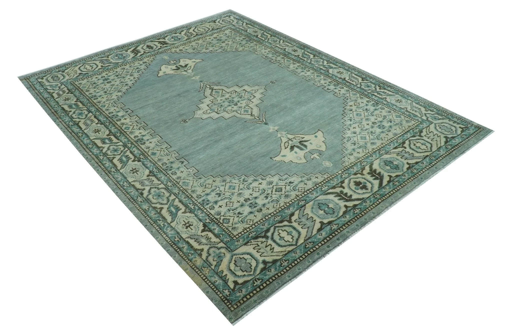Custom Made Blue And Gray Traditional Medallion Hand Knotted Wool Rug - The Rug Decor