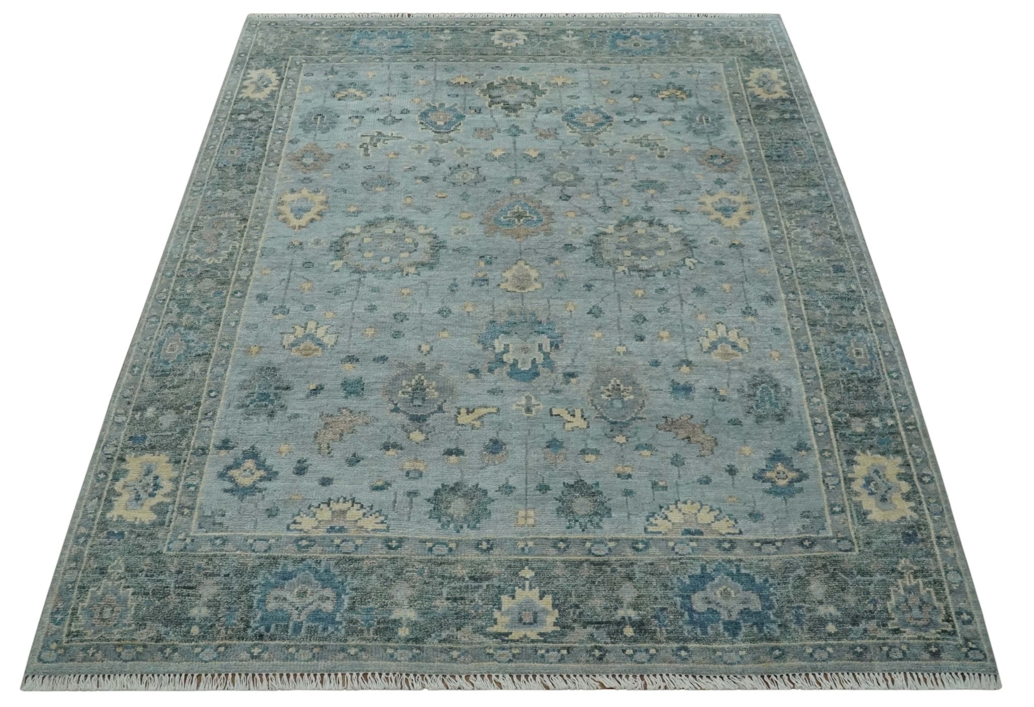 Custom Made Blue and Green Hand knotted traditional Oushak wool Area Rug - The Rug Decor