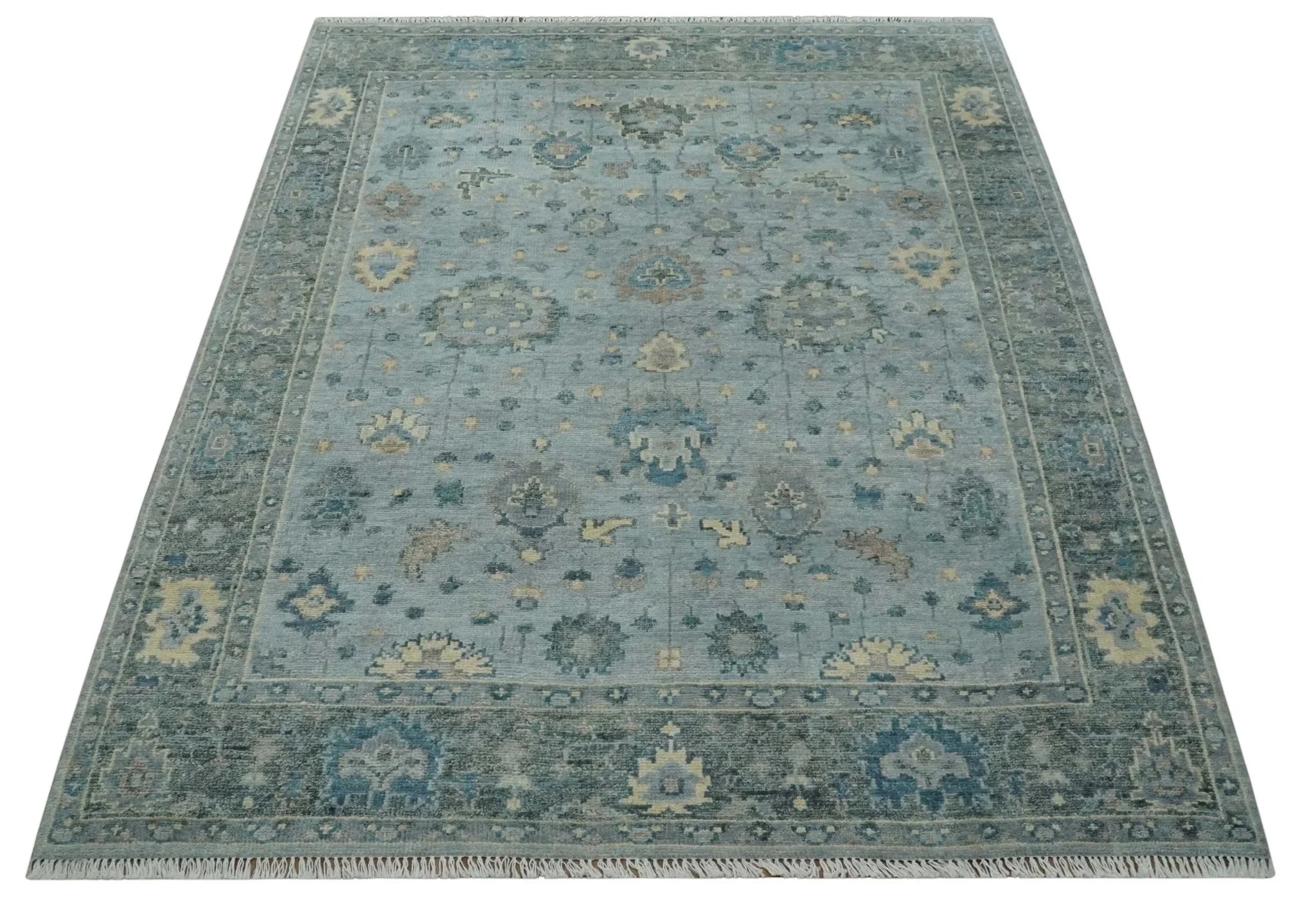 Custom Made Blue and Green Hand knotted traditional Oushak wool Area Rug - The Rug Decor