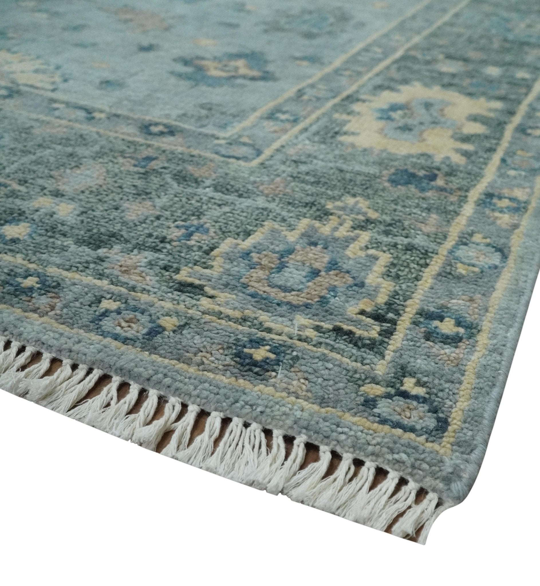 Custom Made Blue and Green Hand knotted traditional Oushak wool Area Rug