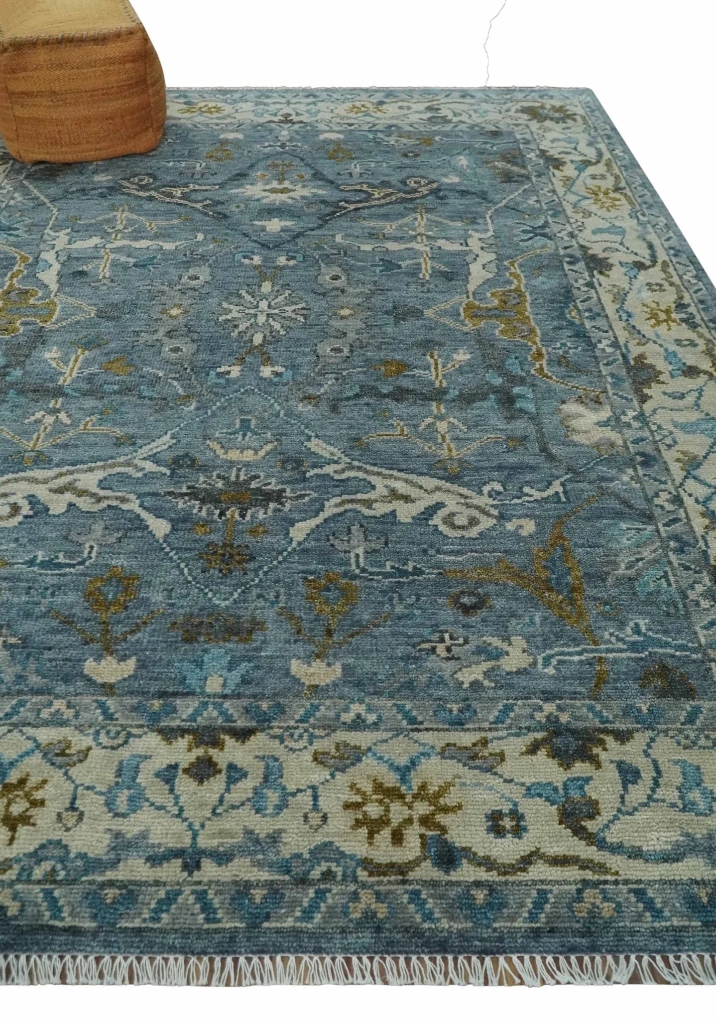 Custom Made Blue and Ivory Antique Style Hand knotted Oriental Oushak wool Area Rug - The Rug Decor