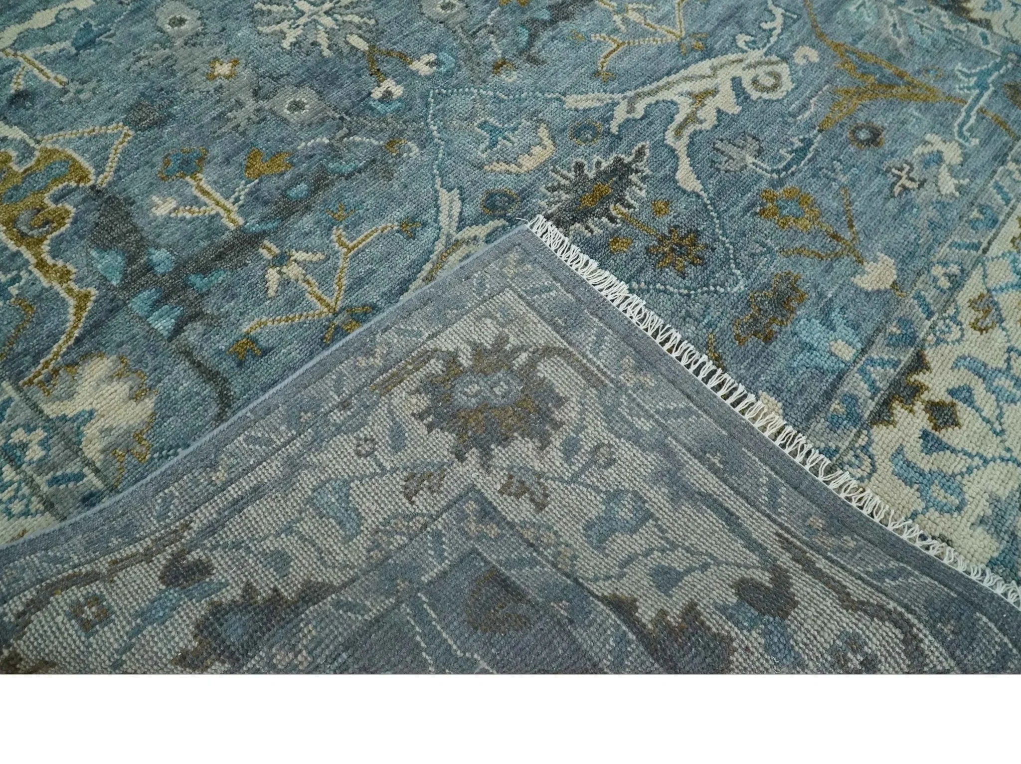 Custom Made Blue and Ivory Antique Style Hand knotted Oriental Oushak wool Area Rug - The Rug Decor