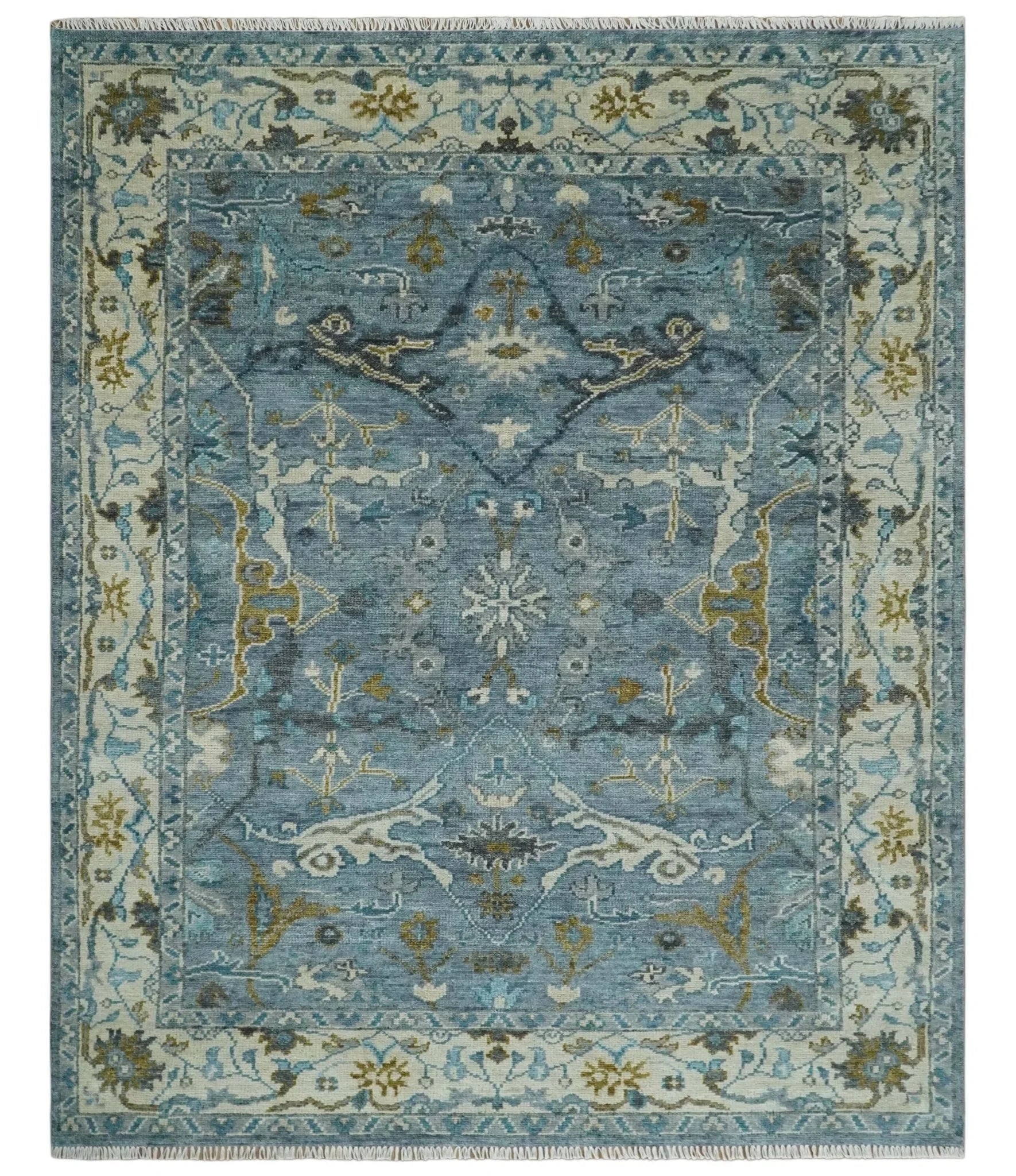 Custom Made Blue and Ivory Antique Style Hand knotted Oriental Oushak wool Area Rug - The Rug Decor