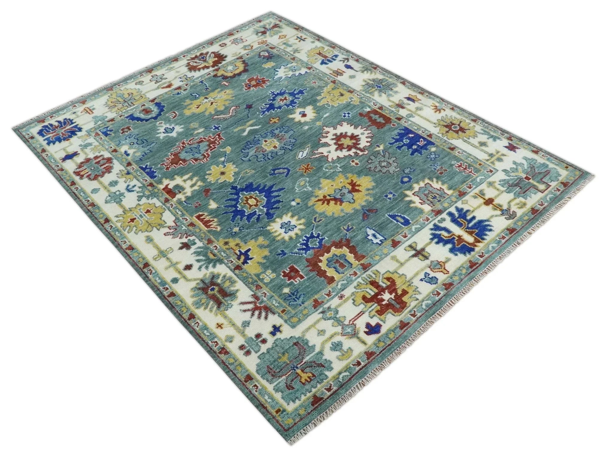 Custom Made Blue and Ivory Colorful Hand knotted Traditional Oushak wool Area Rug - The Mayfair Hall