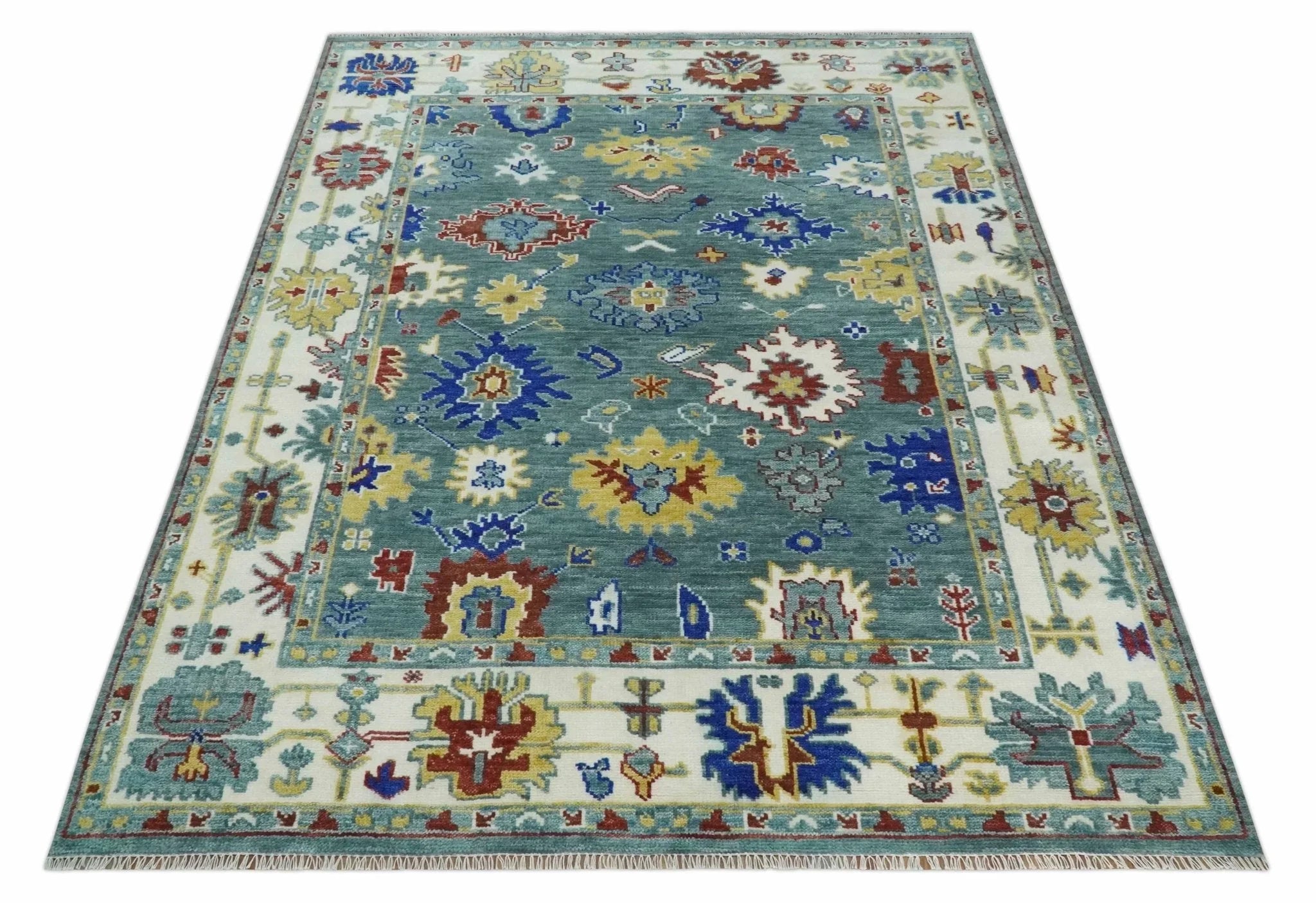Custom Made Blue and Ivory Colorful Hand knotted Traditional Oushak wool Area Rug - The Mayfair Hall