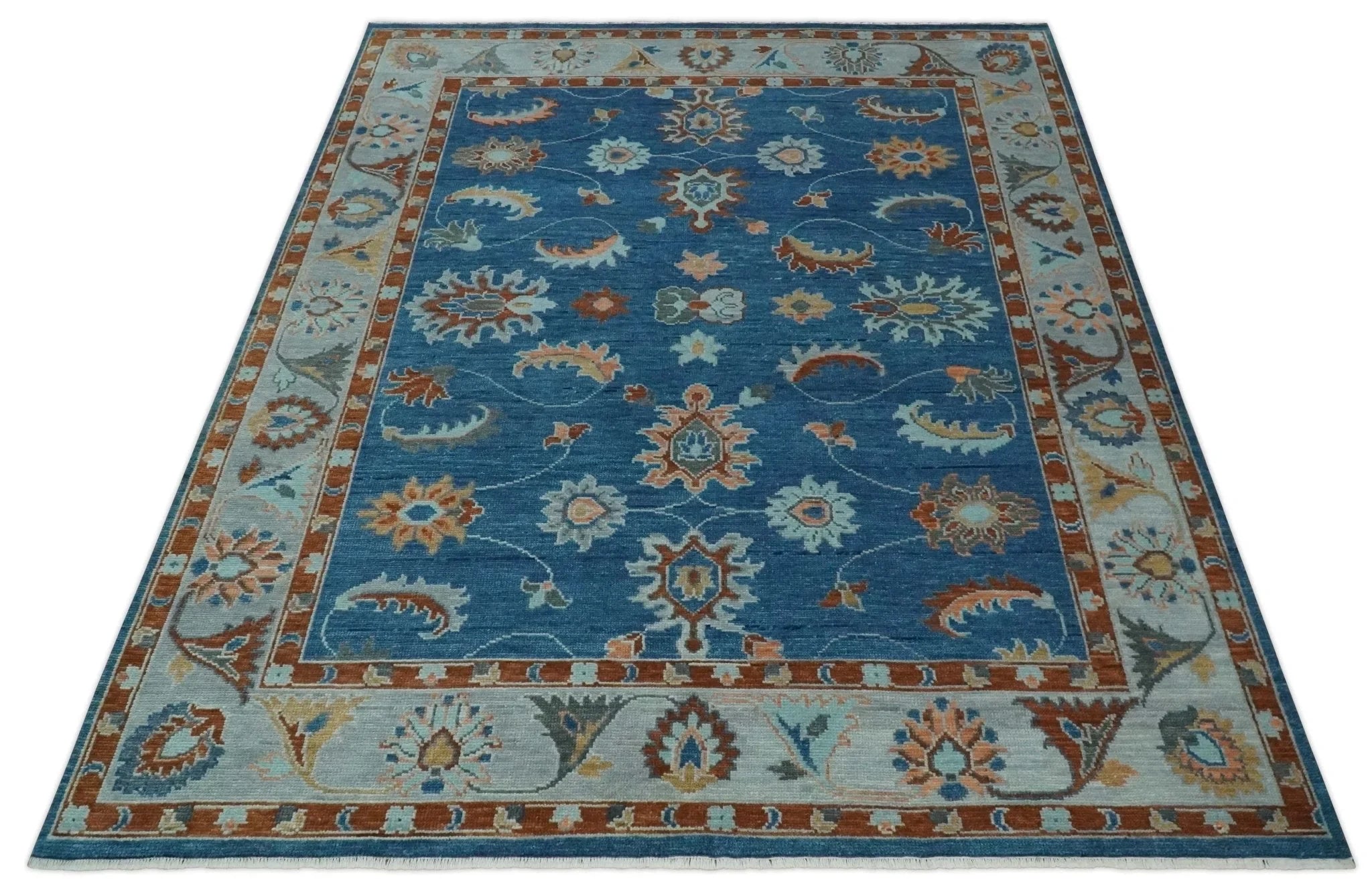 Custom Made Blue and Silver Hand knotted colorful Traditional Oushak wool Area Rug - The Rug Decor