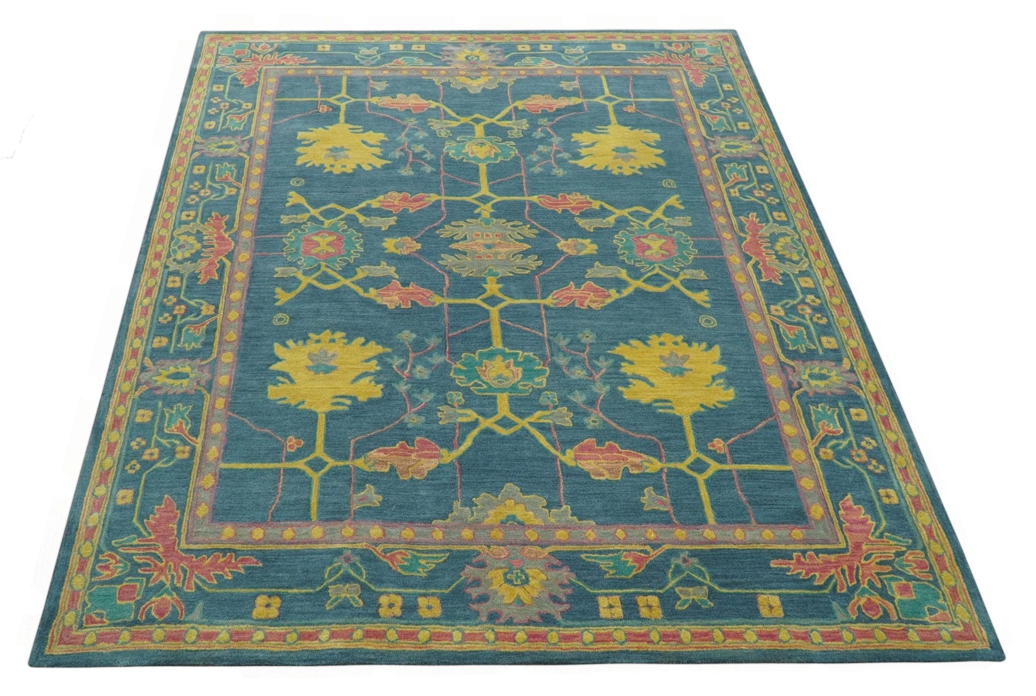 Custom Made Blue And Yellow Traditional Oushak Design Hand Tufted Wool Rug