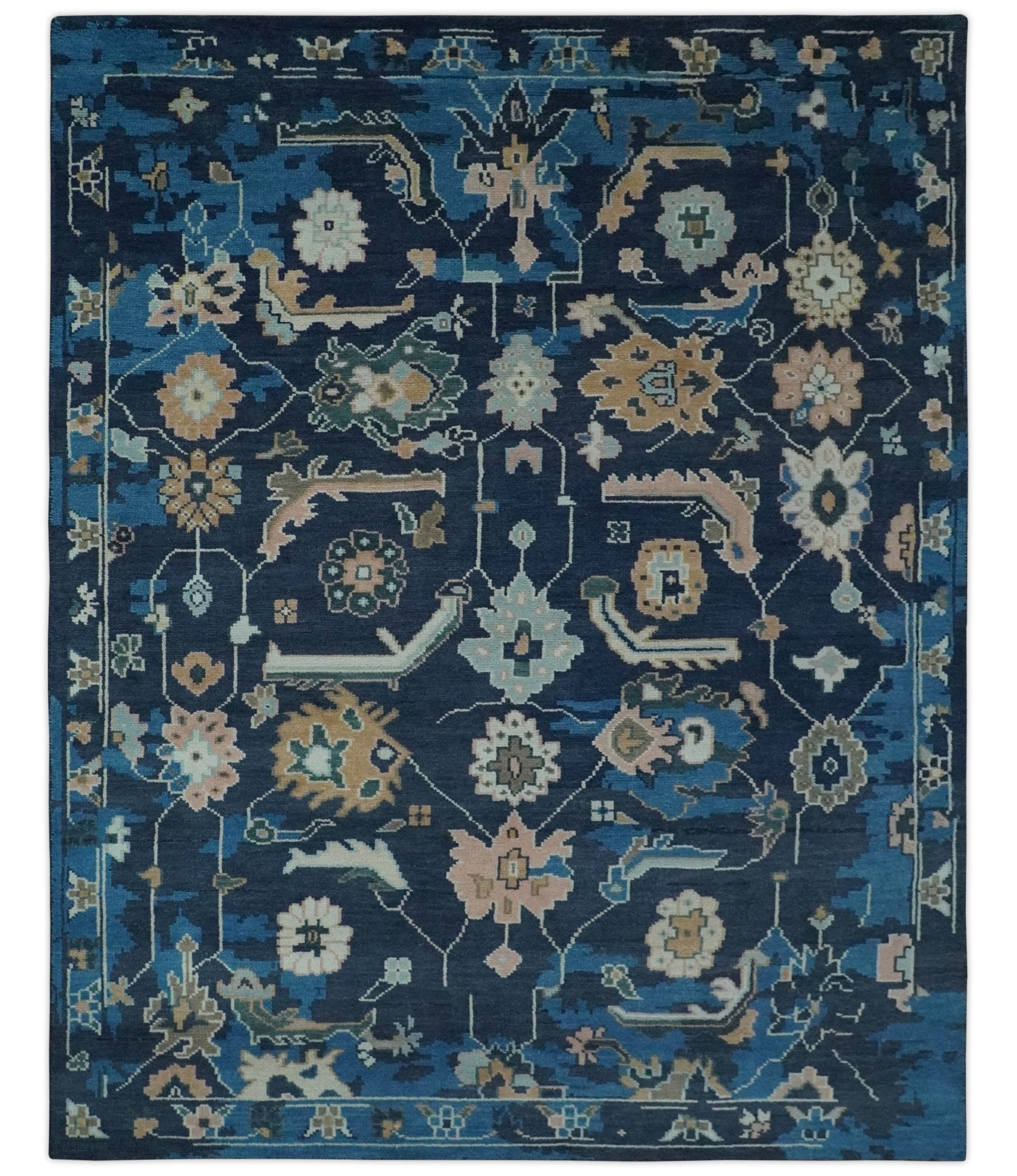 Custom Made Blue, Camel and Ivory Traditional Oriental Oushak wool Area Rug - The Rug Decor