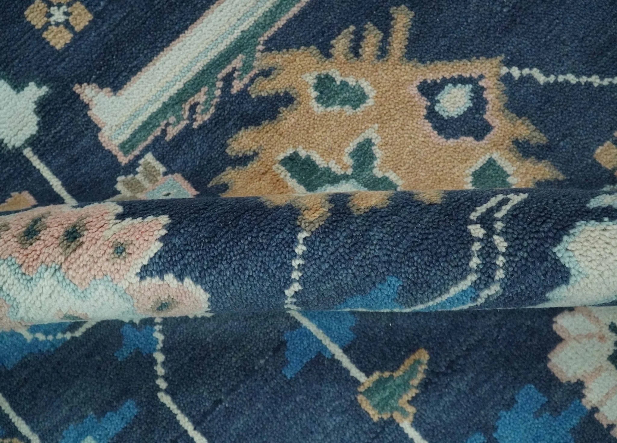 Custom Made Blue, Camel and Ivory Traditional Oriental Oushak wool Area Rug - The Rug Decor