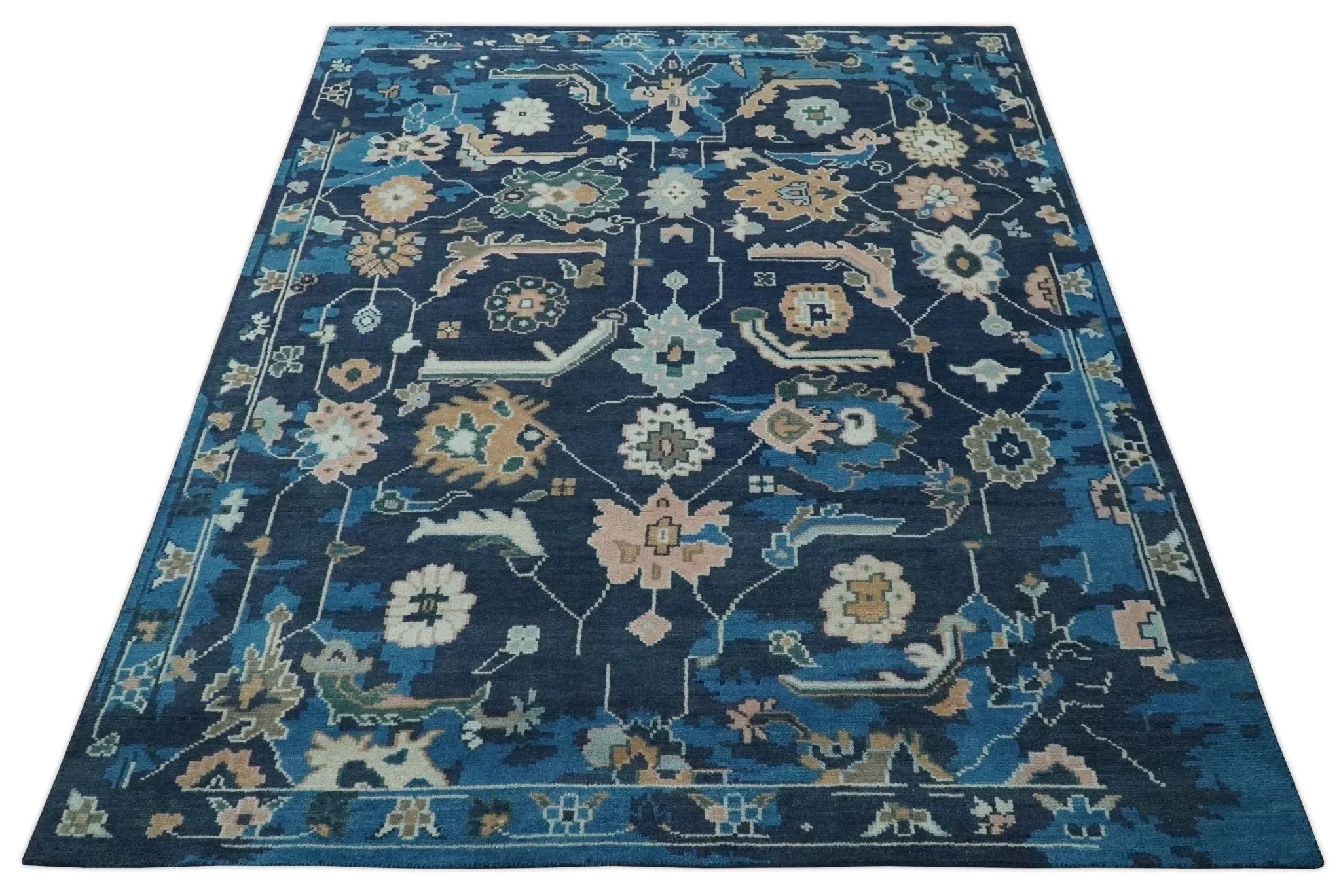 Custom Made Blue, Camel and Ivory Traditional Oriental Oushak wool Area Rug - The Rug Decor