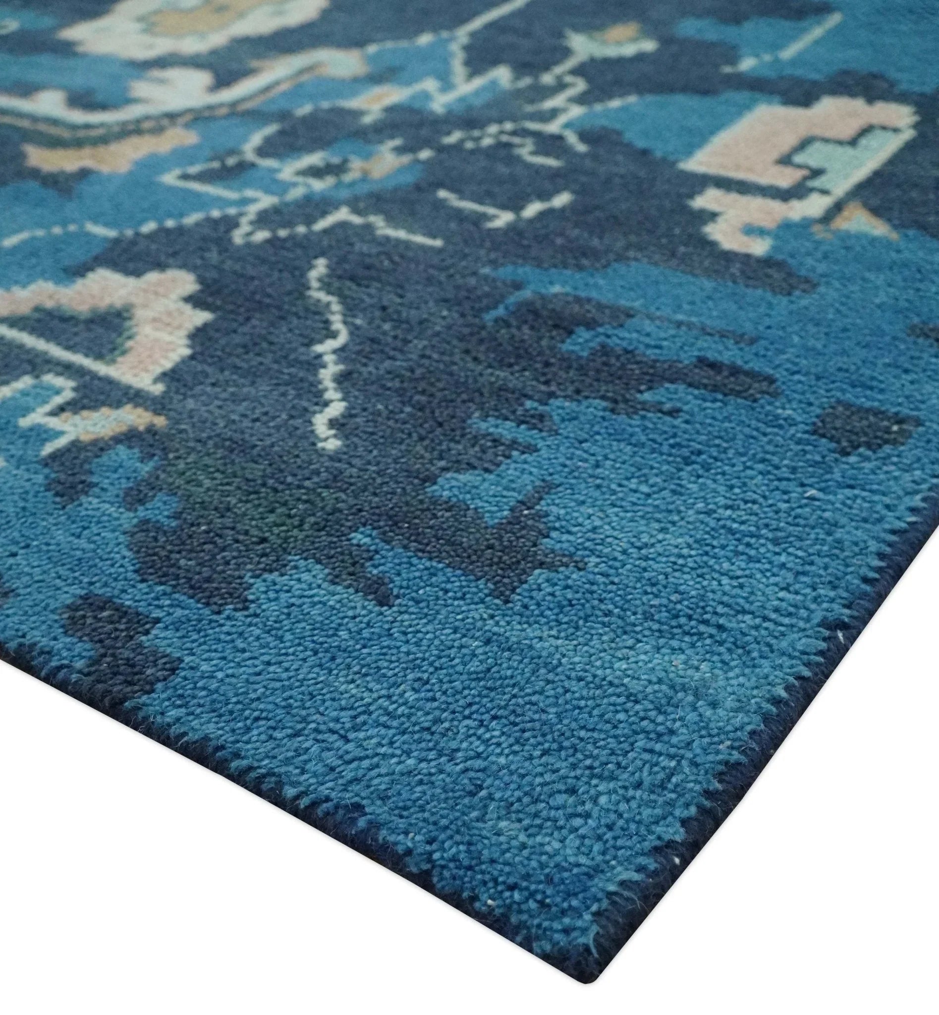 Custom Made Blue, Camel and Ivory Traditional Oriental Oushak wool Area Rug - The Rug Decor
