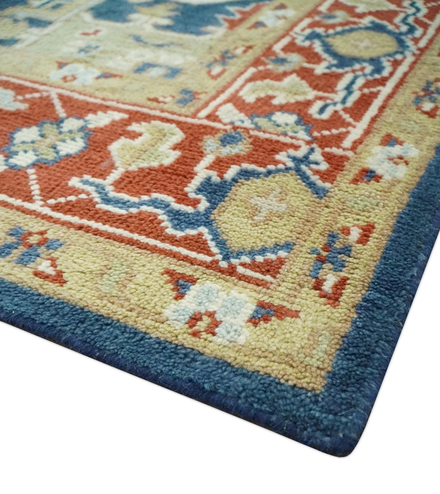 Custom Made Brown, Blue, Ivory and Olive Hand knotted Traditional Heriz Medallion Wool Area Rug - The Rug Decor