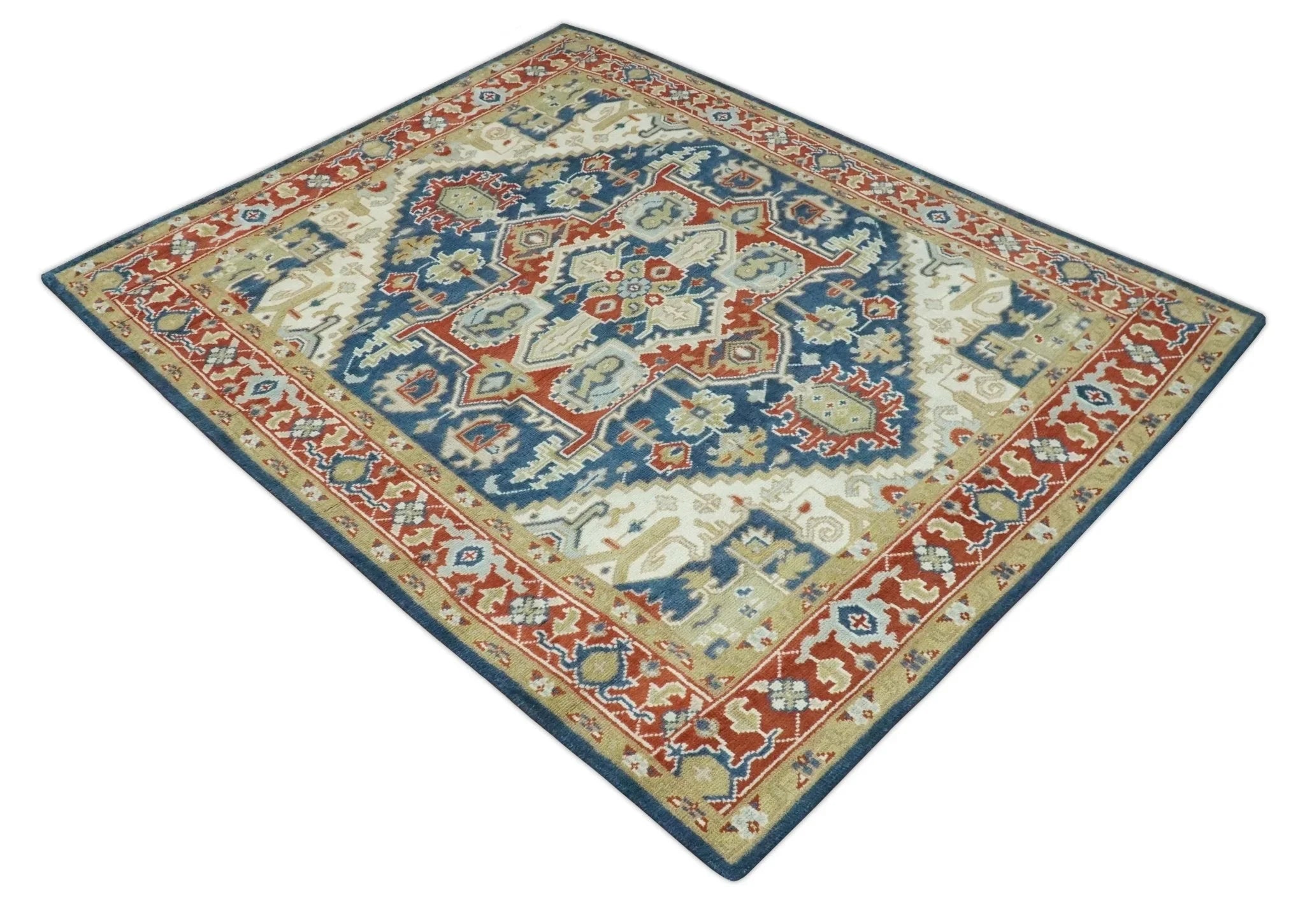 Custom Made Brown, Blue, Ivory and Olive Hand knotted Traditional Heriz Medallion Wool Area Rug - The Rug Decor