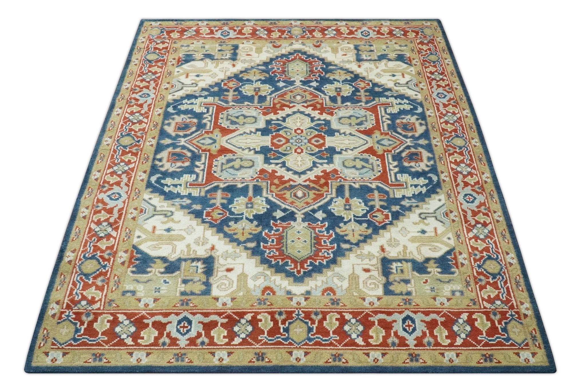 Custom Made Brown, Blue, Ivory and Olive Hand knotted Traditional Heriz Medallion Wool Area Rug - The Rug Decor