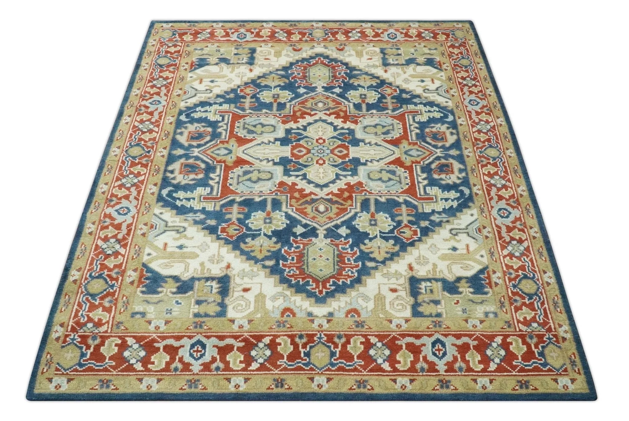 Custom Made Brown, Blue, Ivory and Olive Hand knotted Traditional Heriz Medallion Wool Area Rug - The Rug Decor