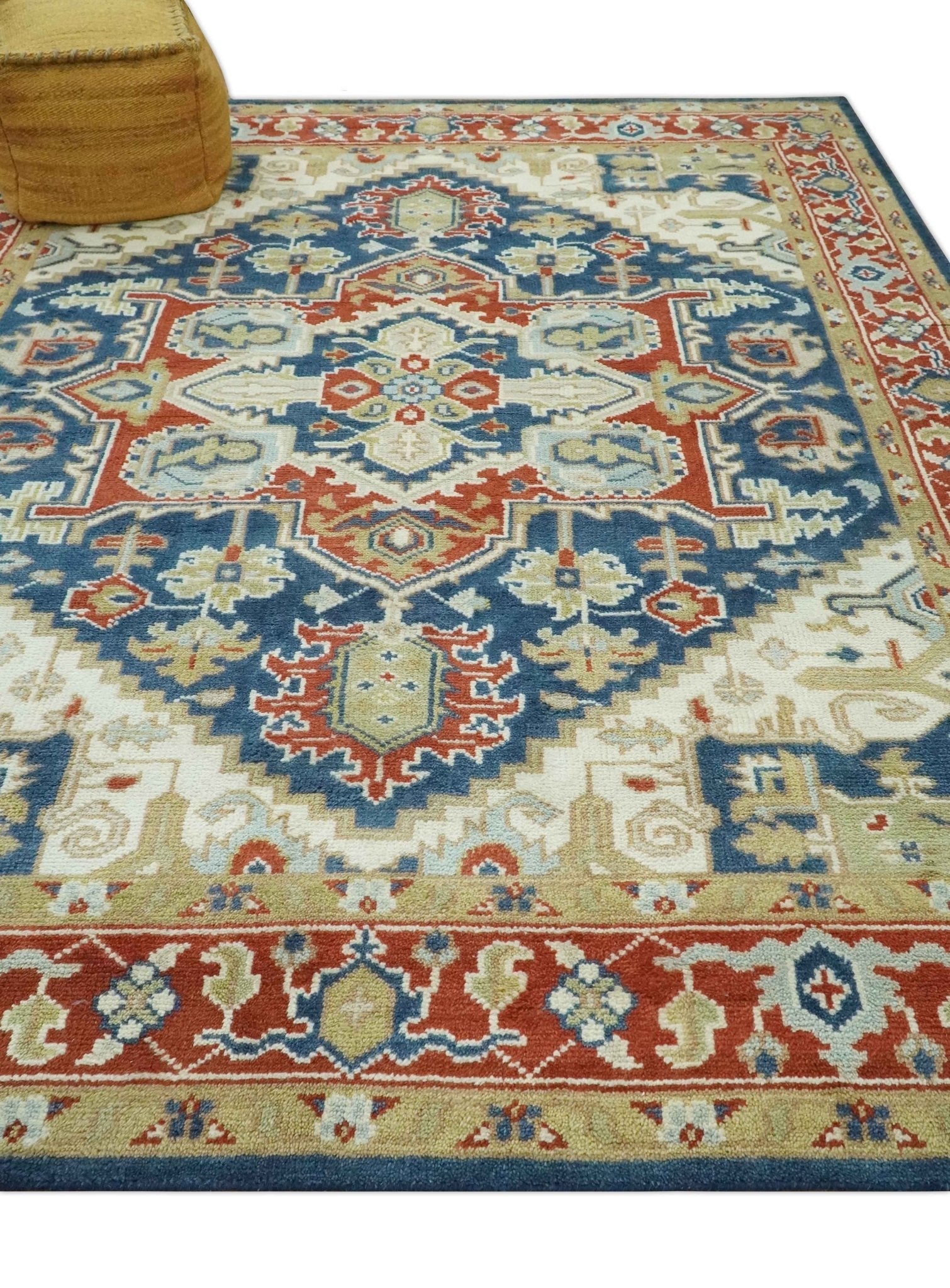 Custom Made Brown, Blue, Ivory and Olive Hand knotted Traditional Heriz Medallion Wool Area Rug - The Rug Decor