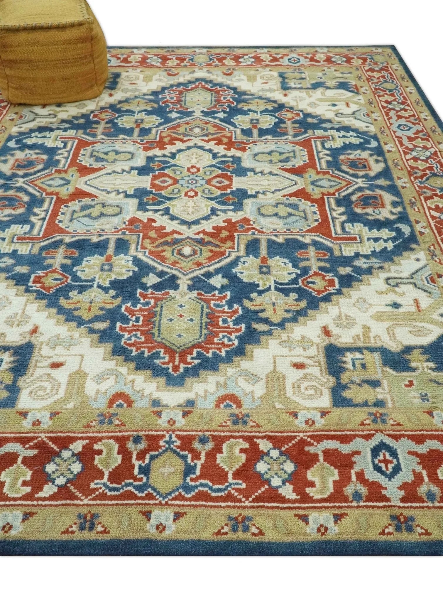 Custom Made Brown, Blue, Ivory and Olive Hand knotted Traditional Heriz Medallion Wool Area Rug - The Rug Decor