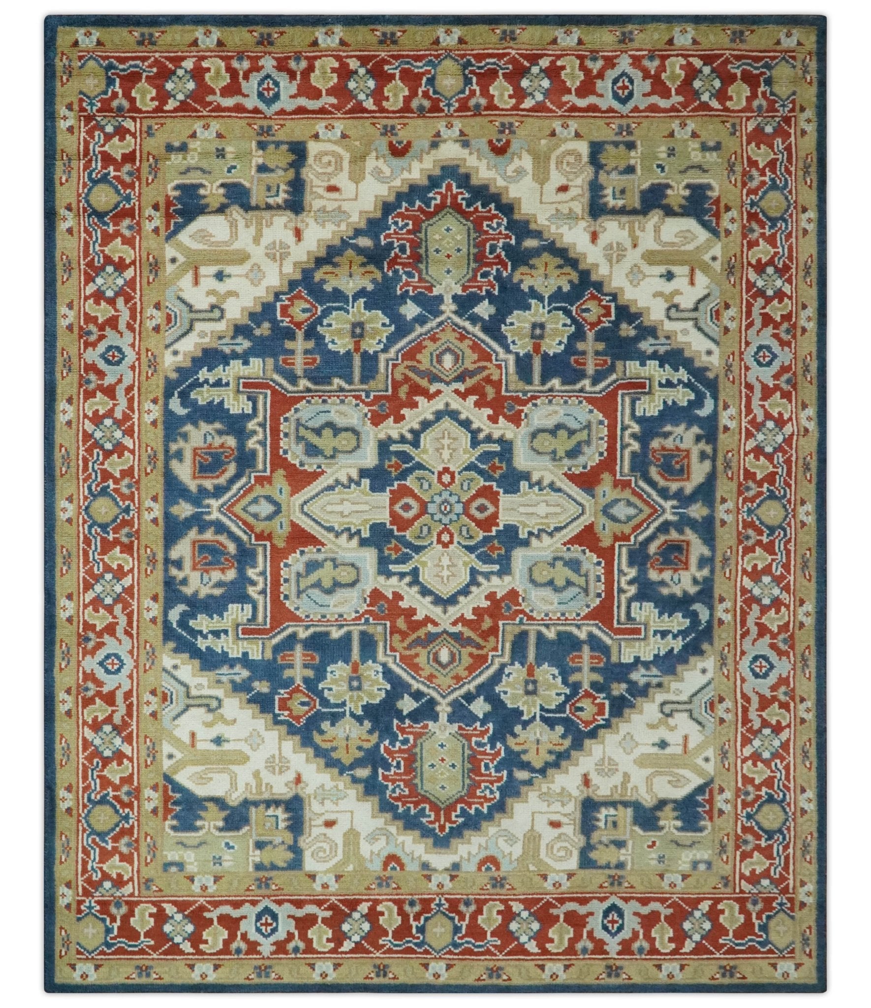 Custom Made Brown, Blue, Ivory and Olive Hand knotted Traditional Heriz Medallion Wool Area Rug - The Rug Decor