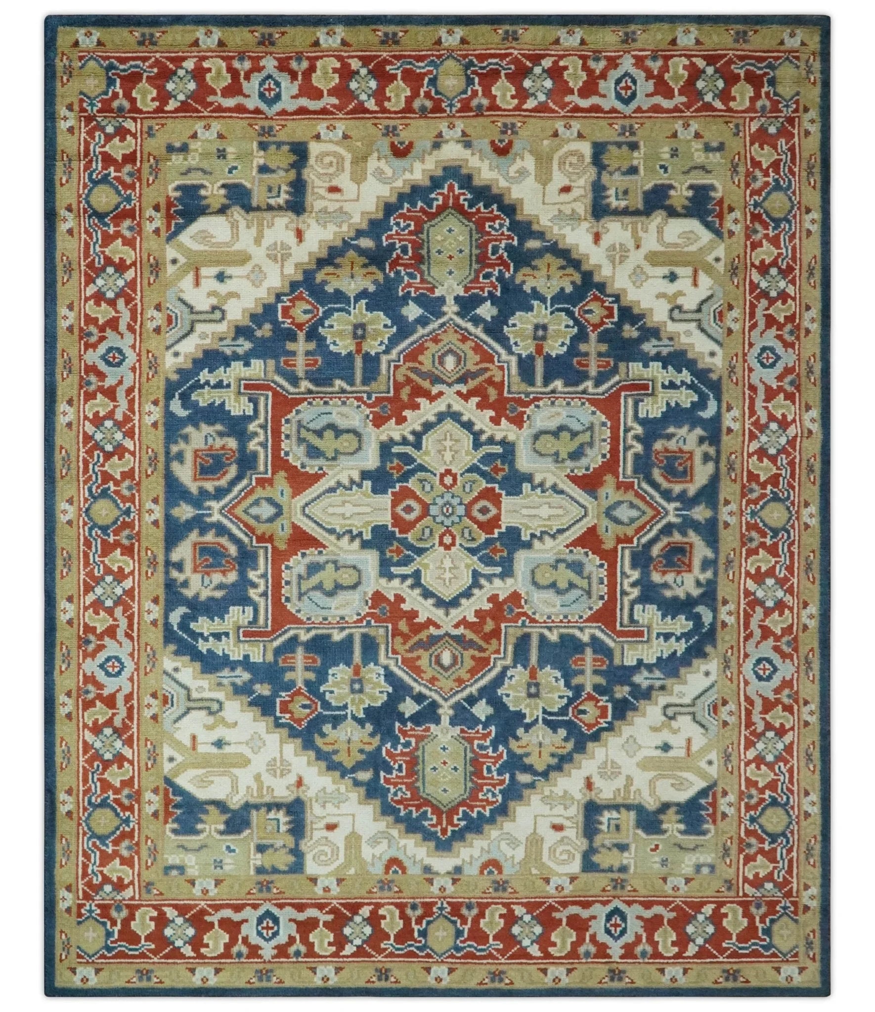 Custom Made Brown, Blue, Ivory and Olive Hand knotted Traditional Heriz Medallion Wool Area Rug - The Rug Decor