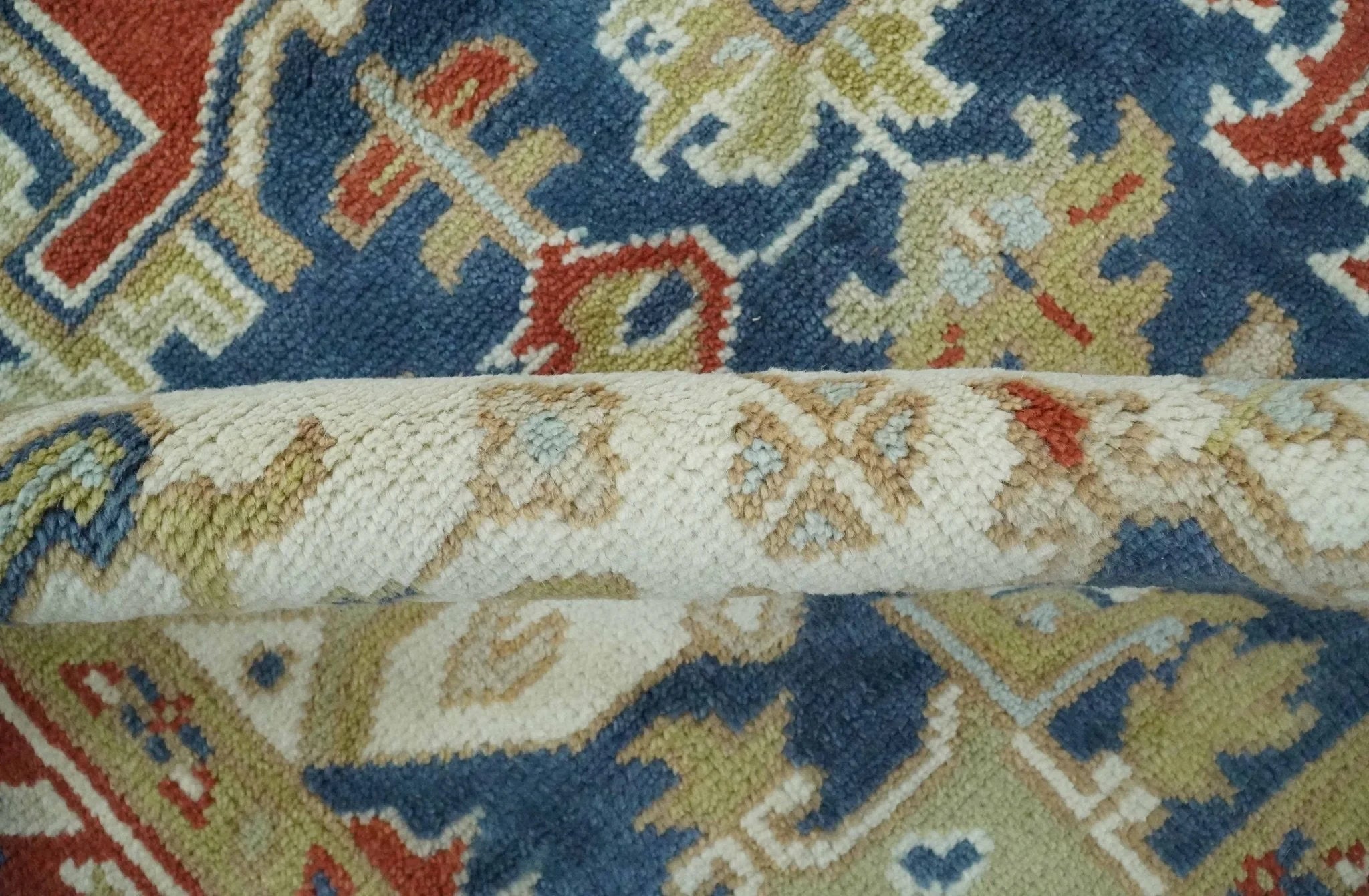 Custom Made Brown, Blue, Ivory and Olive Hand knotted Traditional Heriz Medallion Wool Area Rug - The Rug Decor