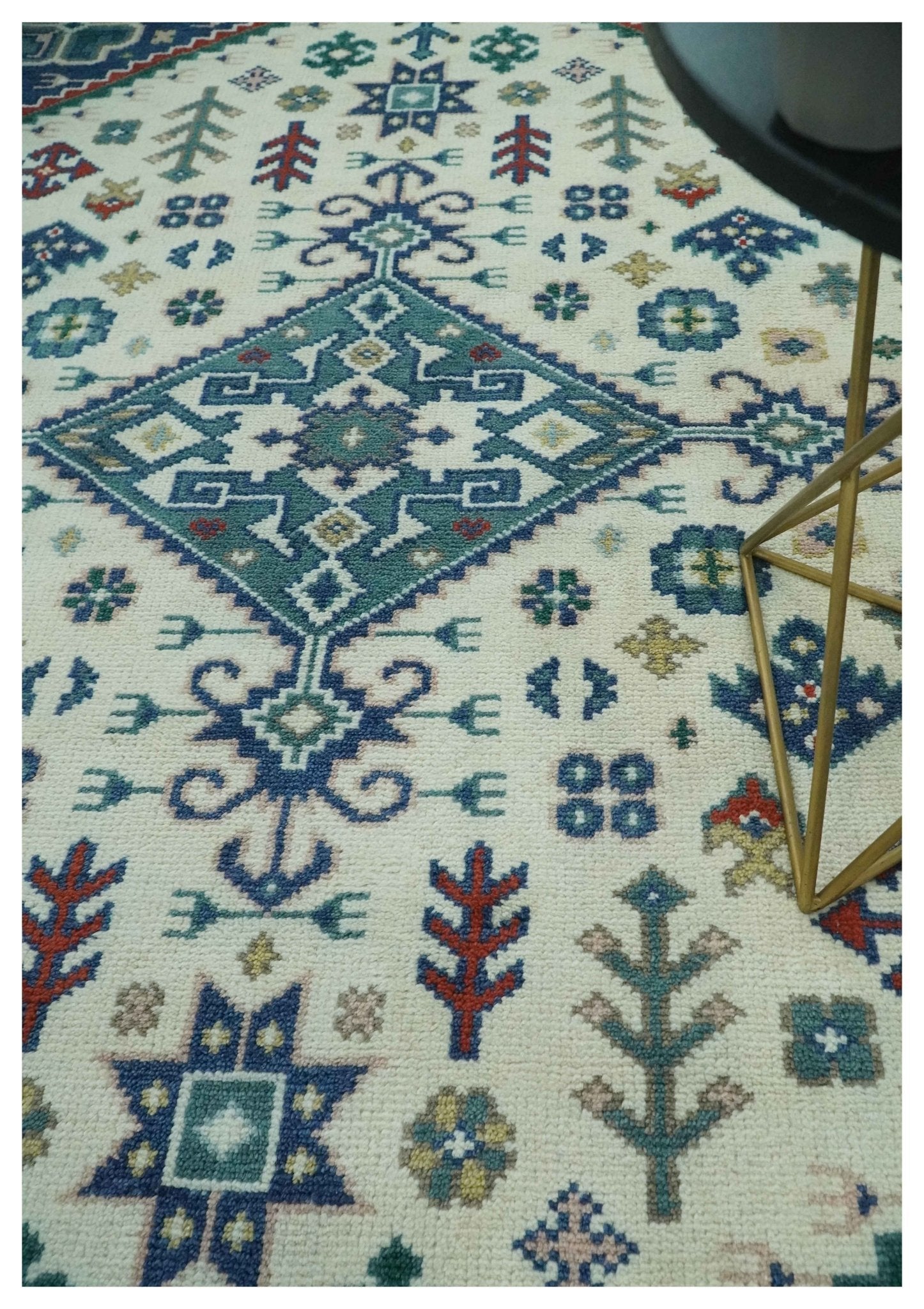 Custom Made Colorful Ivory, Blue, Brown and Teal Hand Knotted Traditional Heriz size wool Area Rug - The Rug Decor