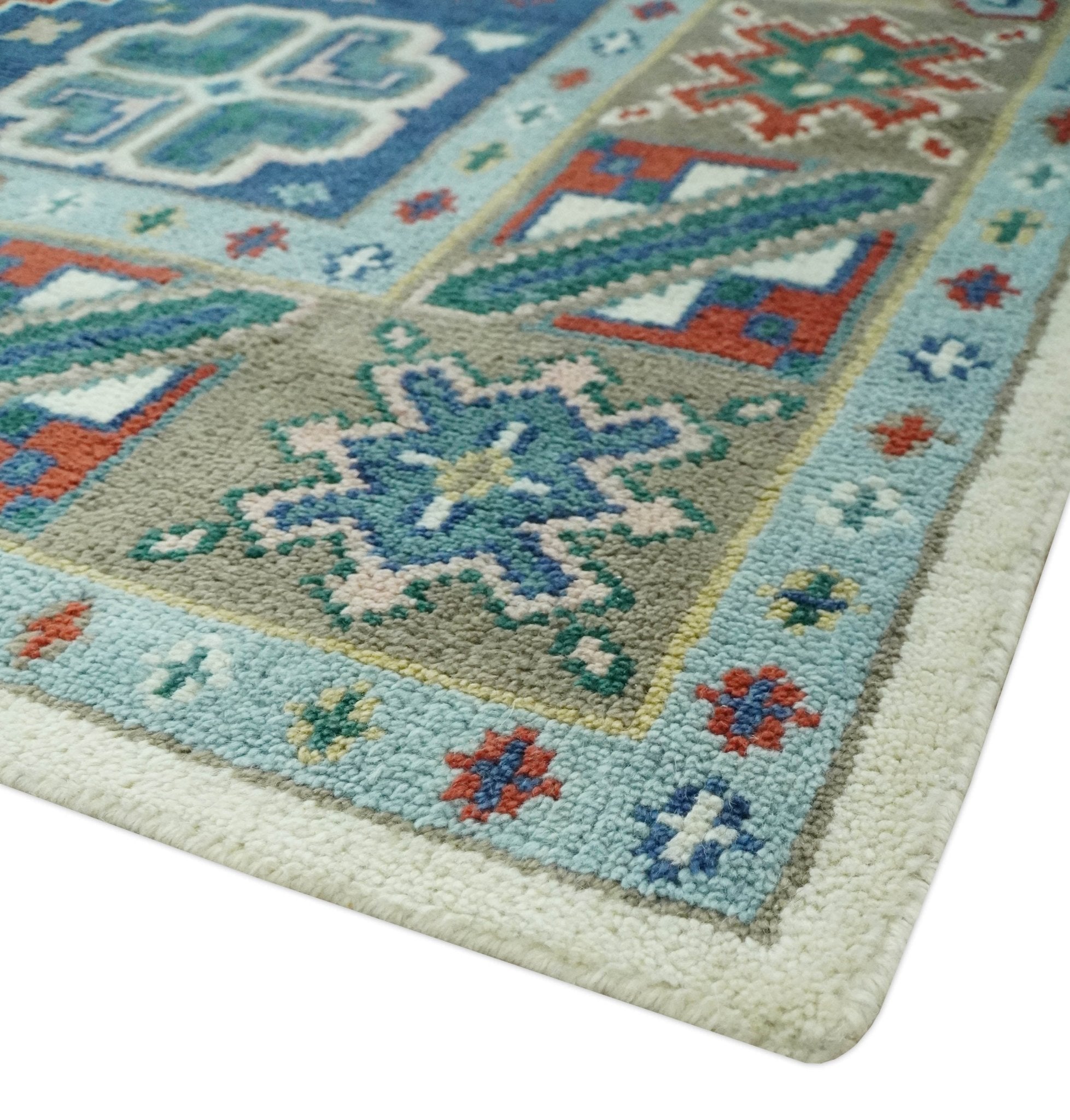 Custom Made Colorful Ivory, Blue, Brown and Teal Hand Knotted Traditional Heriz size wool Area Rug - The Rug Decor