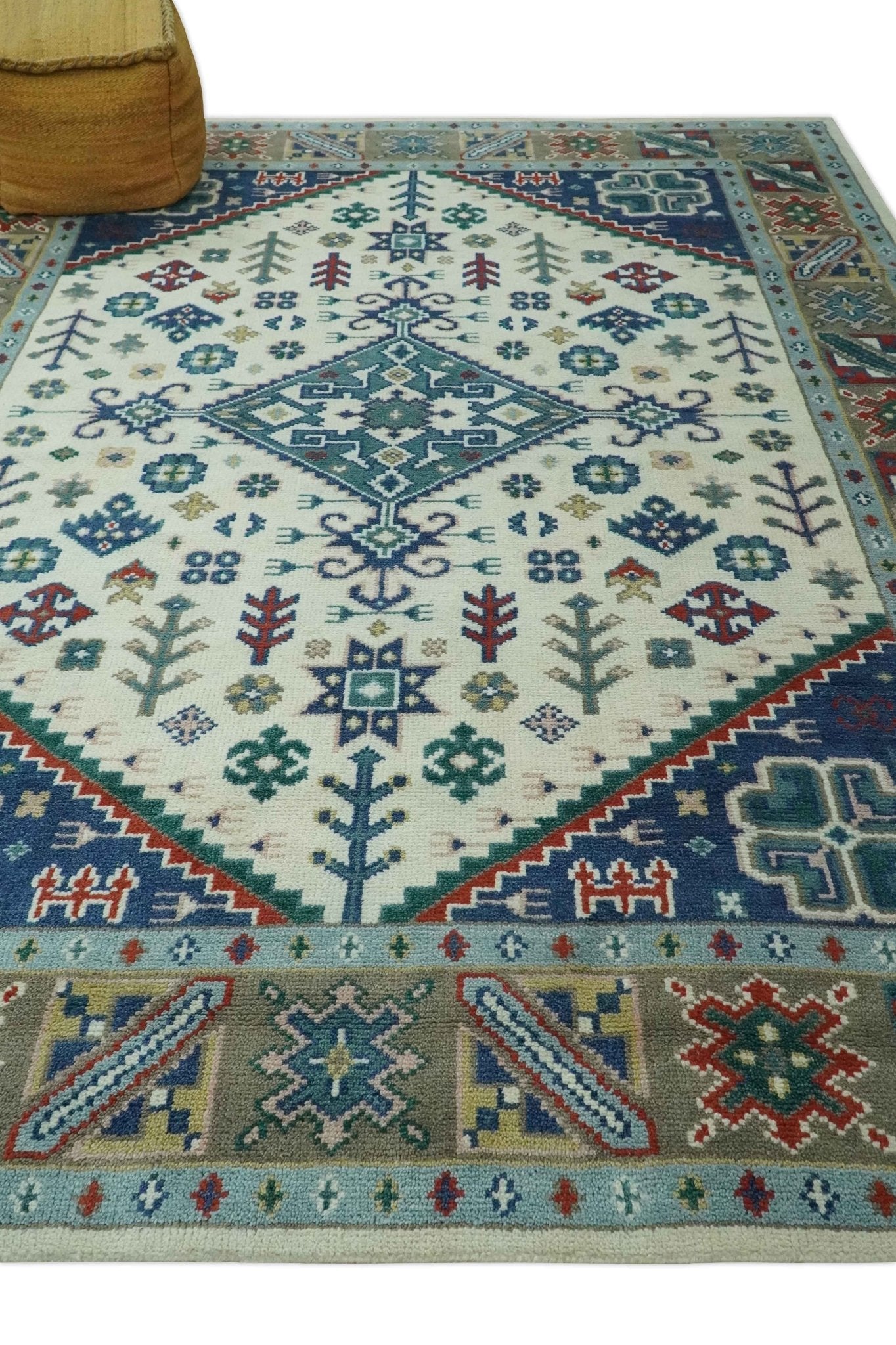 Custom Made Colorful Ivory, Blue, Brown and Teal Hand Knotted Traditional Heriz size wool Area Rug - The Rug Decor