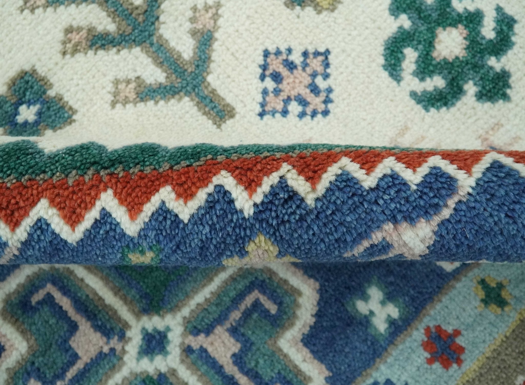 Custom Made Colorful Ivory, Blue, Brown and Teal Hand Knotted Traditional Heriz size wool Area Rug - The Rug Decor