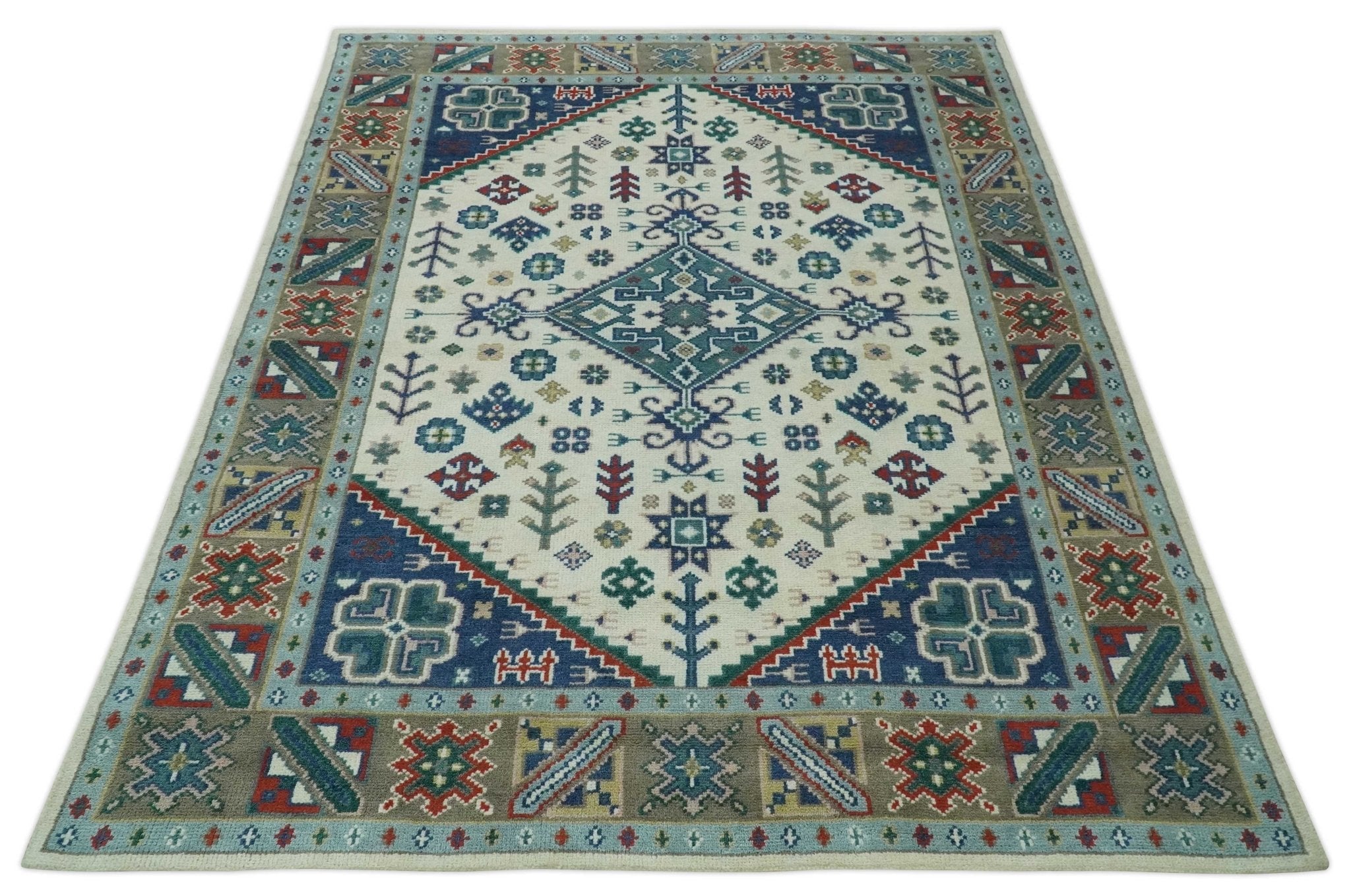 Custom Made Colorful Ivory, Blue, Brown and Teal Hand Knotted Traditional Heriz size wool Area Rug - The Rug Decor