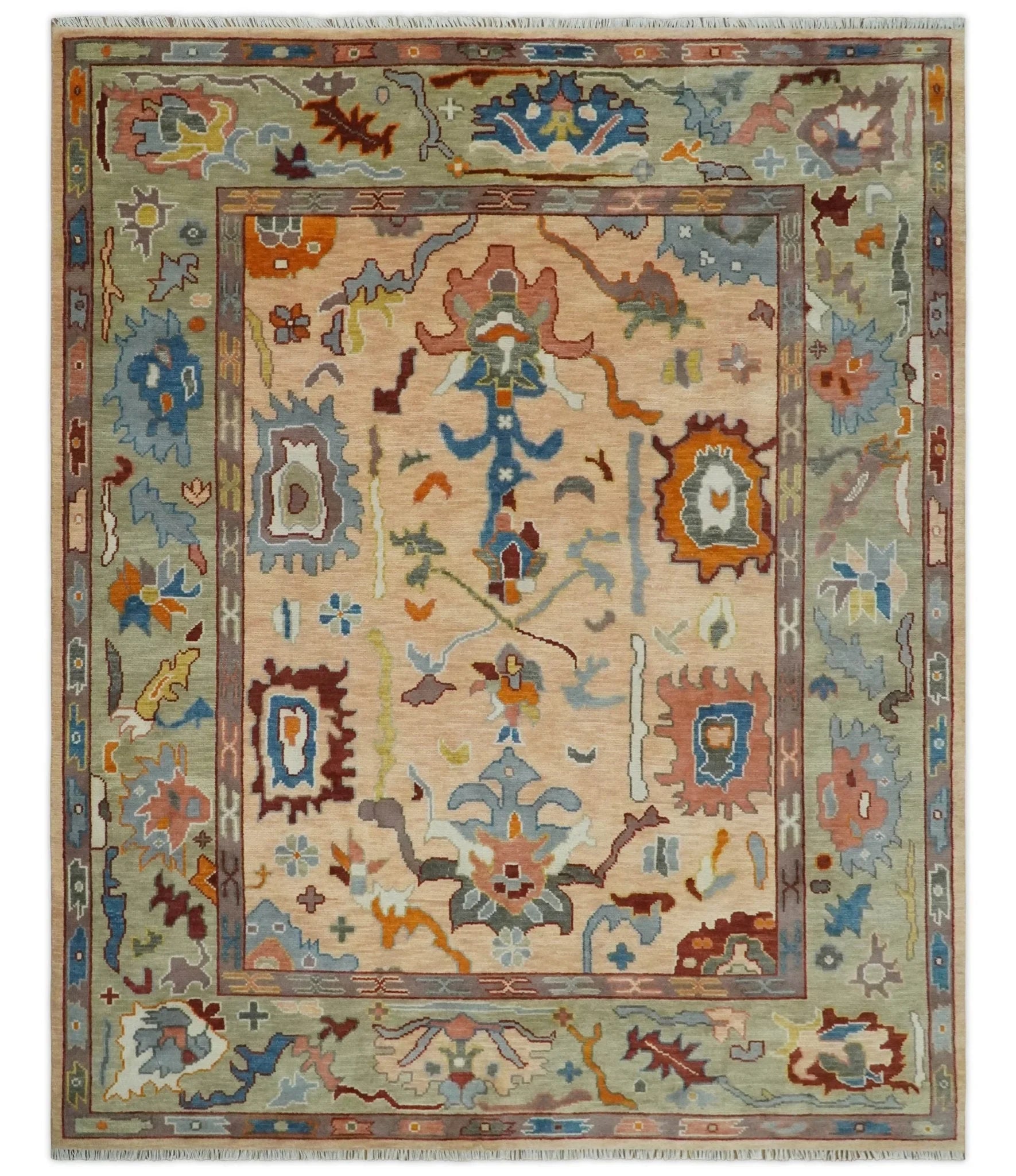 Custom Made Colorful Peach and Green Hand knotted Oushak wool Area Rug - The Rug Decor
