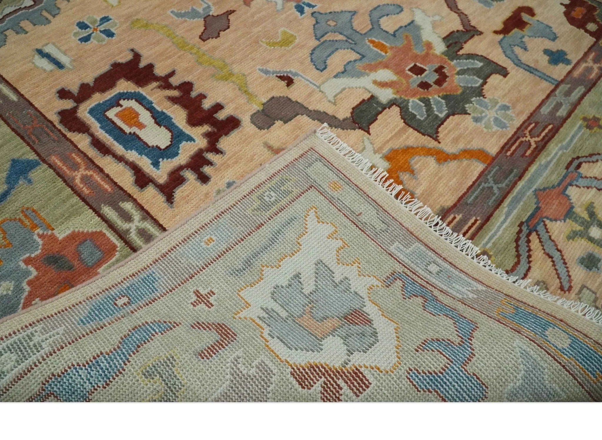 Custom Made Colorful Peach and Green Hand knotted Oushak wool Area Rug - The Rug Decor