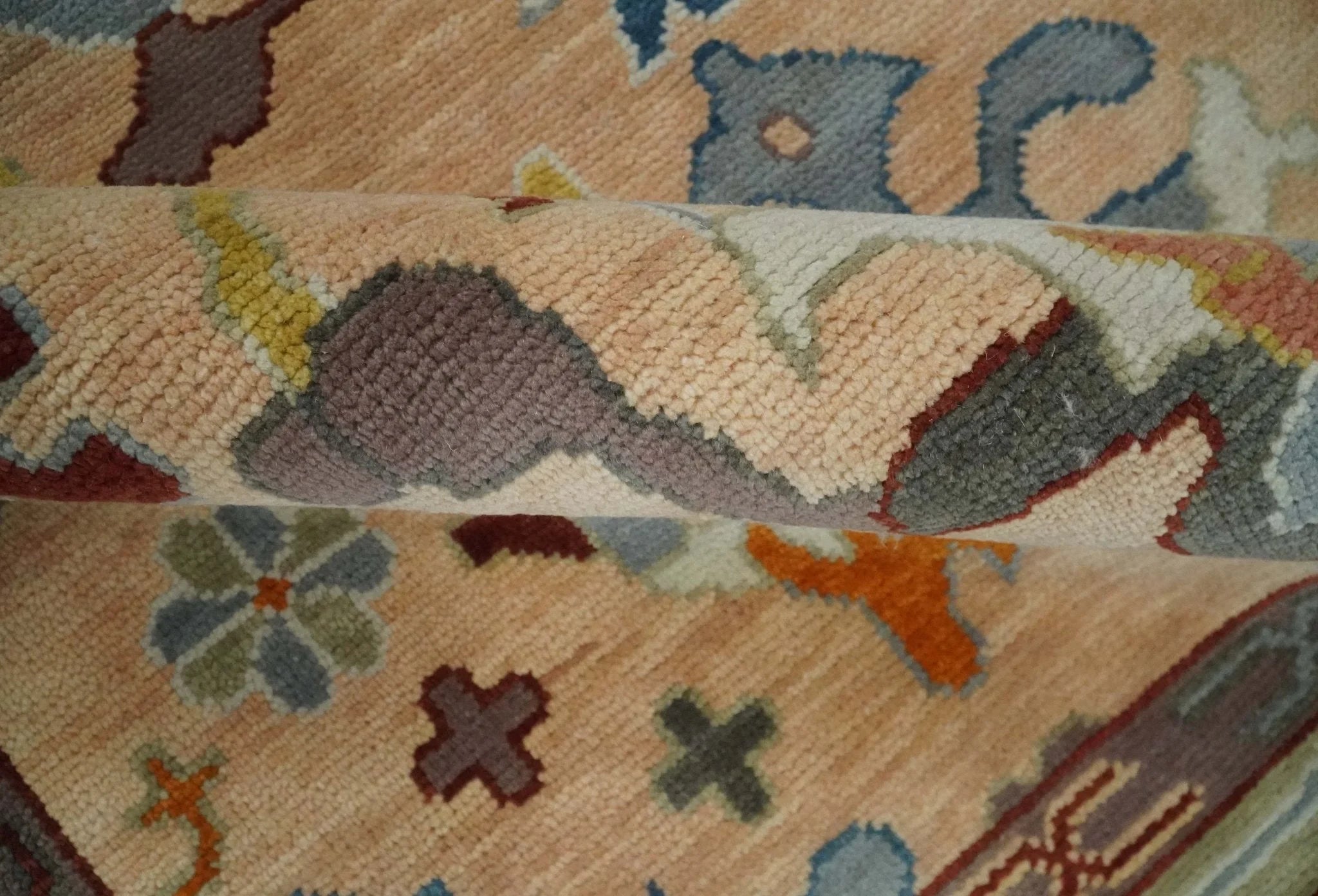 Custom Made Colorful Peach and Green Hand knotted Oushak wool Area Rug - The Rug Decor