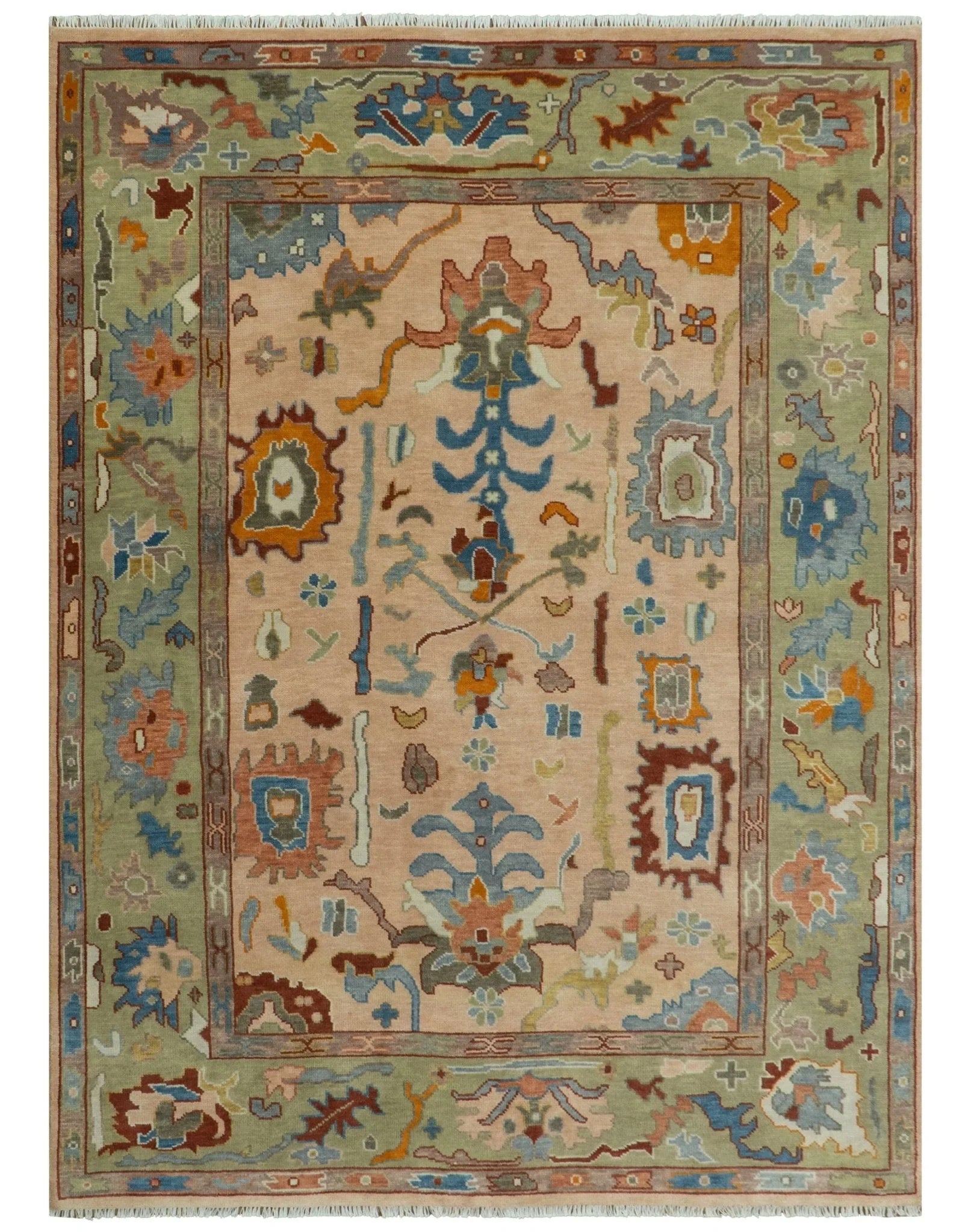 Custom Made Colorful Peach and Green Hand knotted Oushak wool Area Rug - The Rug Decor