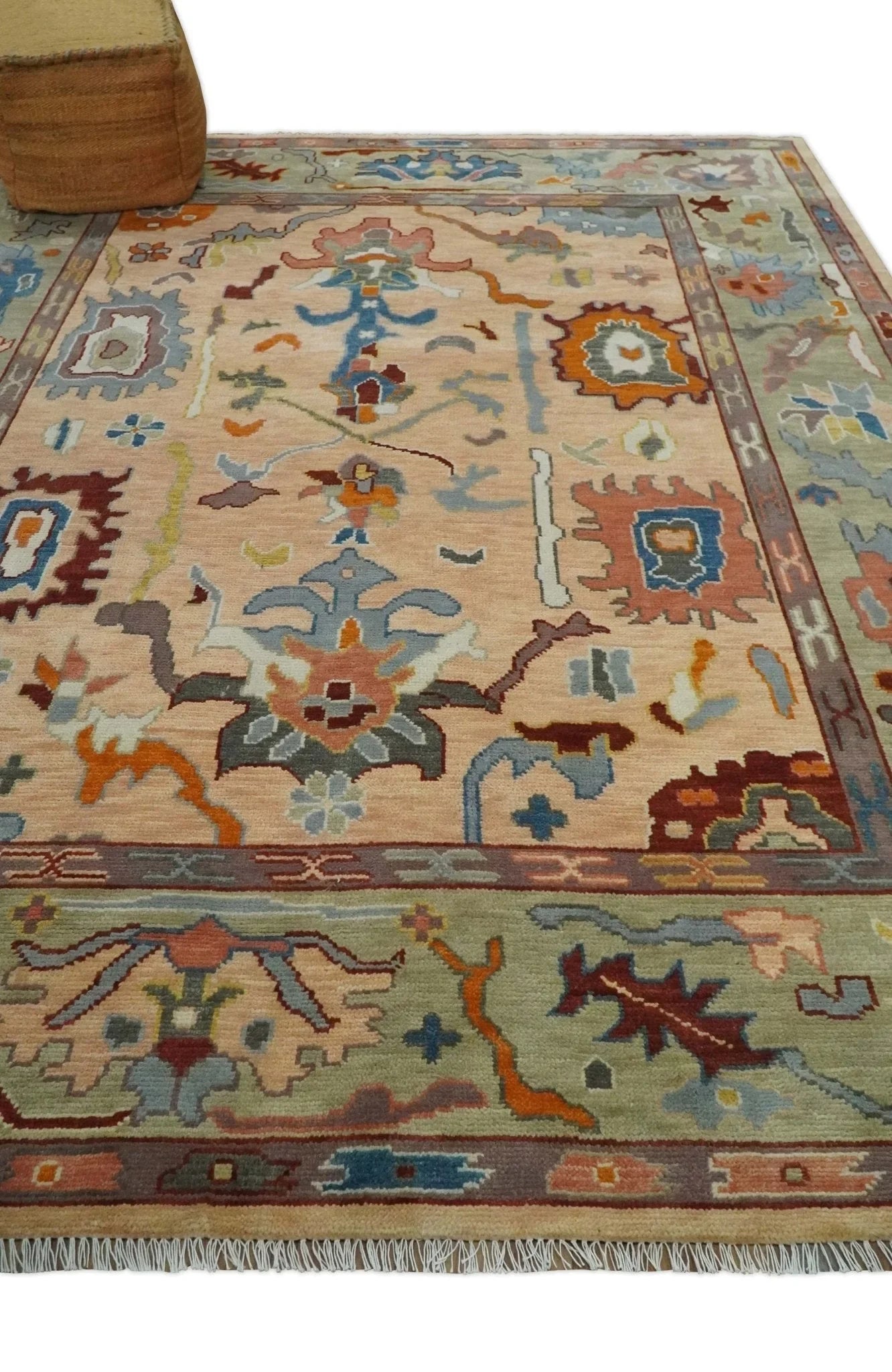 Custom Made Colorful Peach and Green Hand knotted Oushak wool Area Rug - The Rug Decor