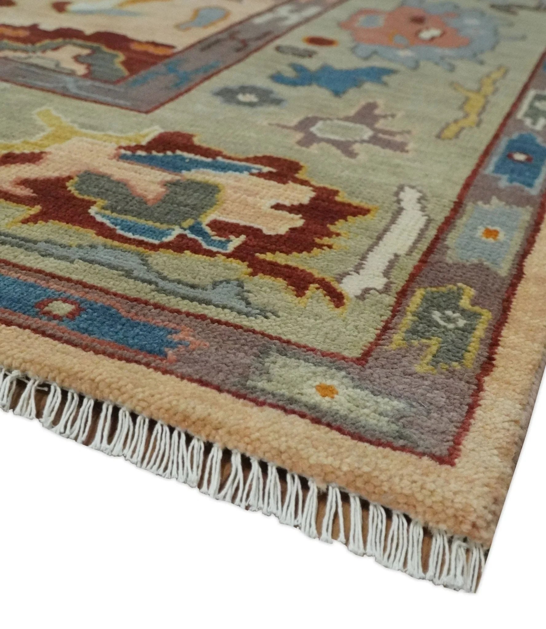 Custom Made Colorful Peach and Green Hand knotted Oushak wool Area Rug - The Rug Decor