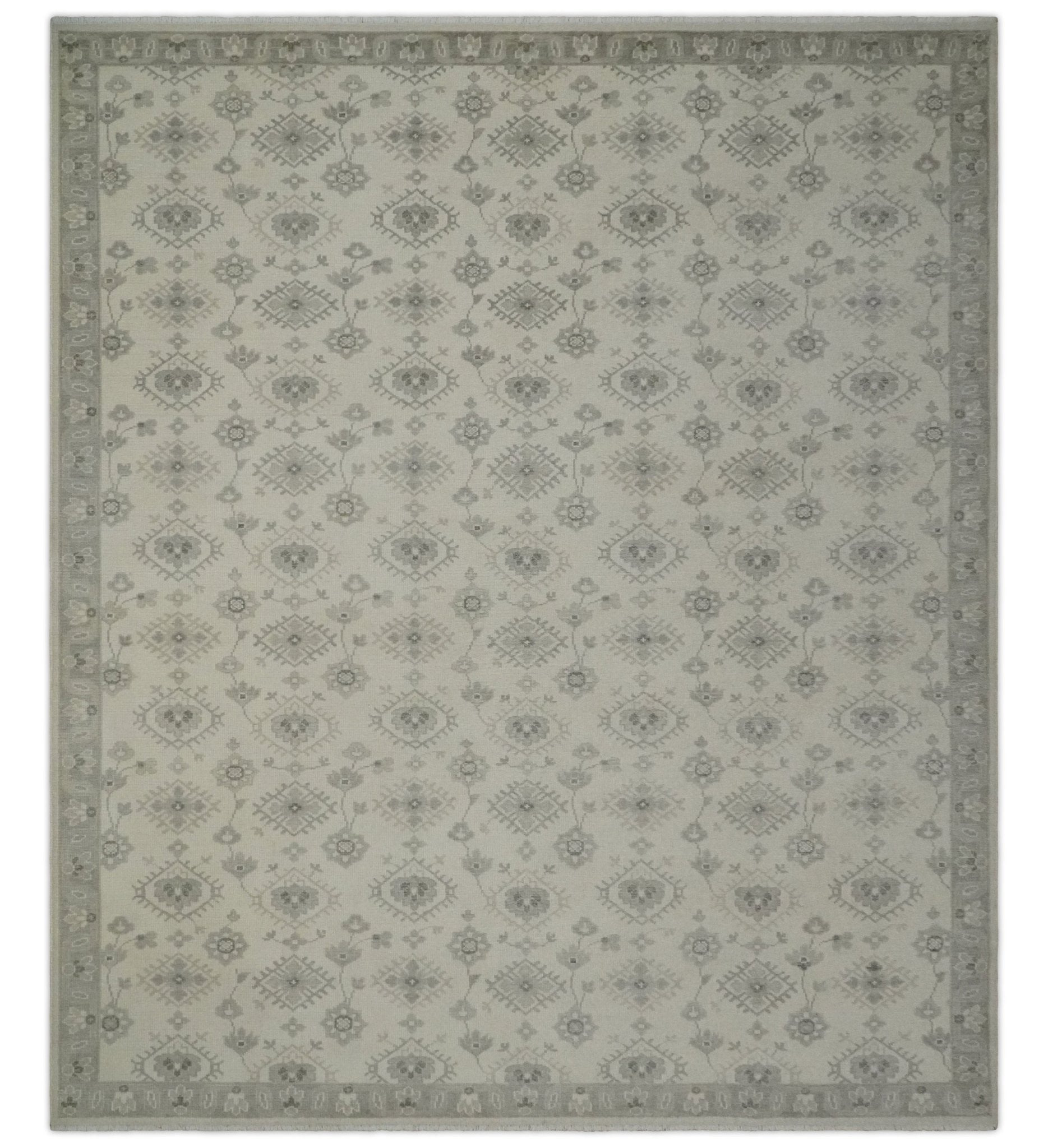 Custom Made Fine Hand Knotted Ivory and Charcoal Style Hand knotted Wool Area Rug - The Rug Decor