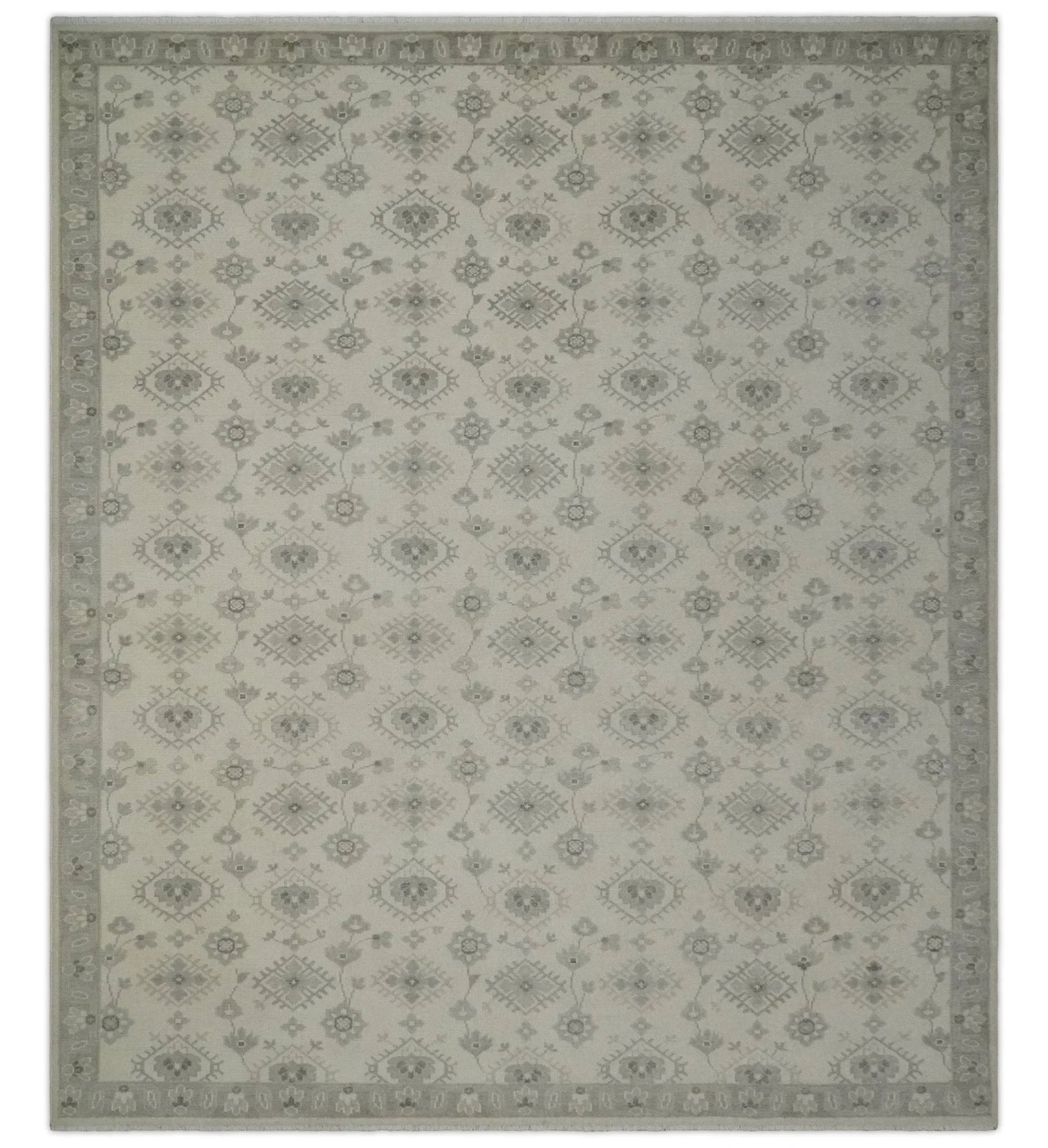 Custom Made Fine Hand Knotted Ivory and Charcoal Style Hand knotted Wool Area Rug - The Rug Decor
