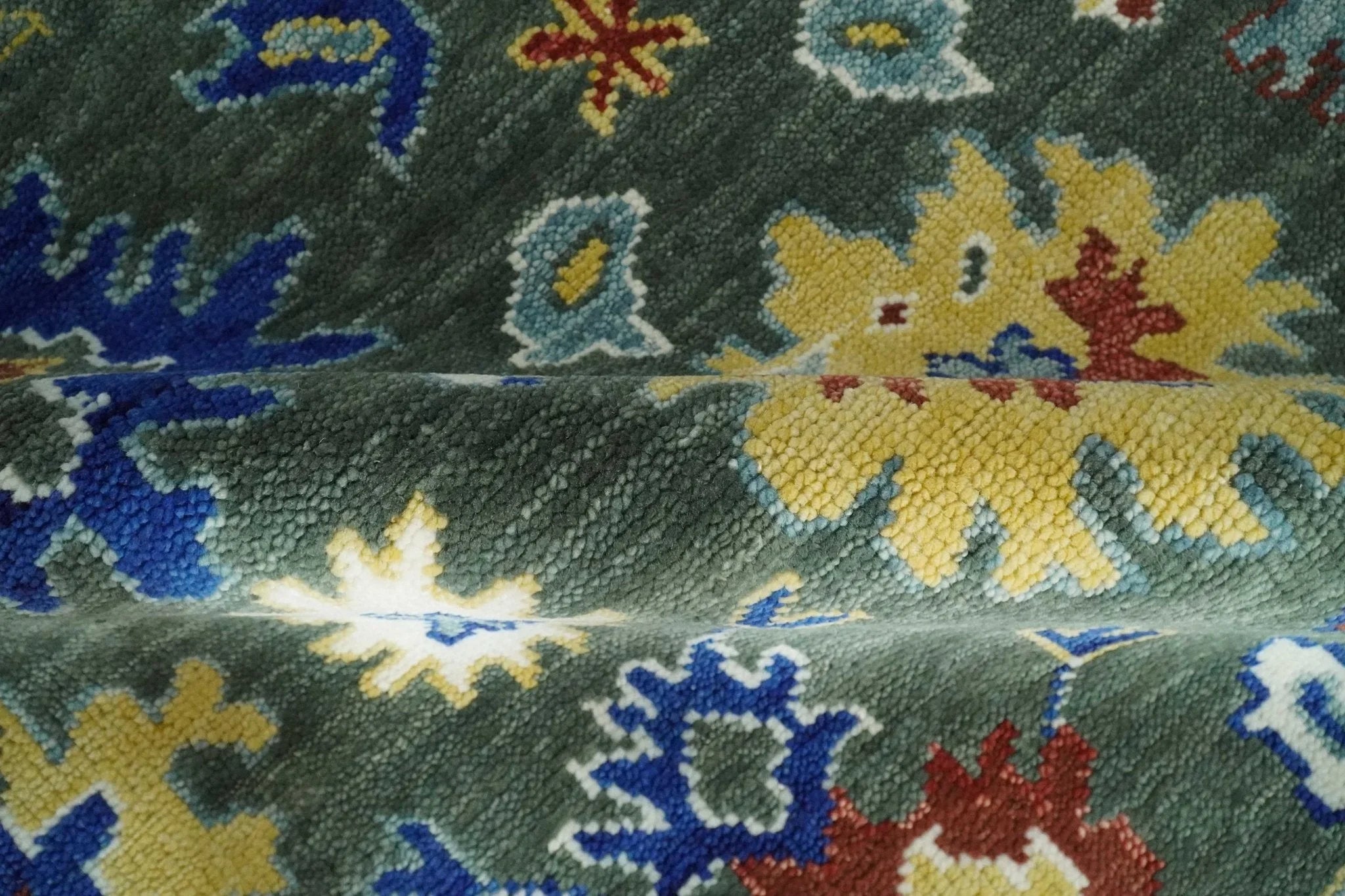 Custom Made Green and Ivory Colorful Hand knotted Traditional Oushak wool Area Rug - The Mayfair Hall