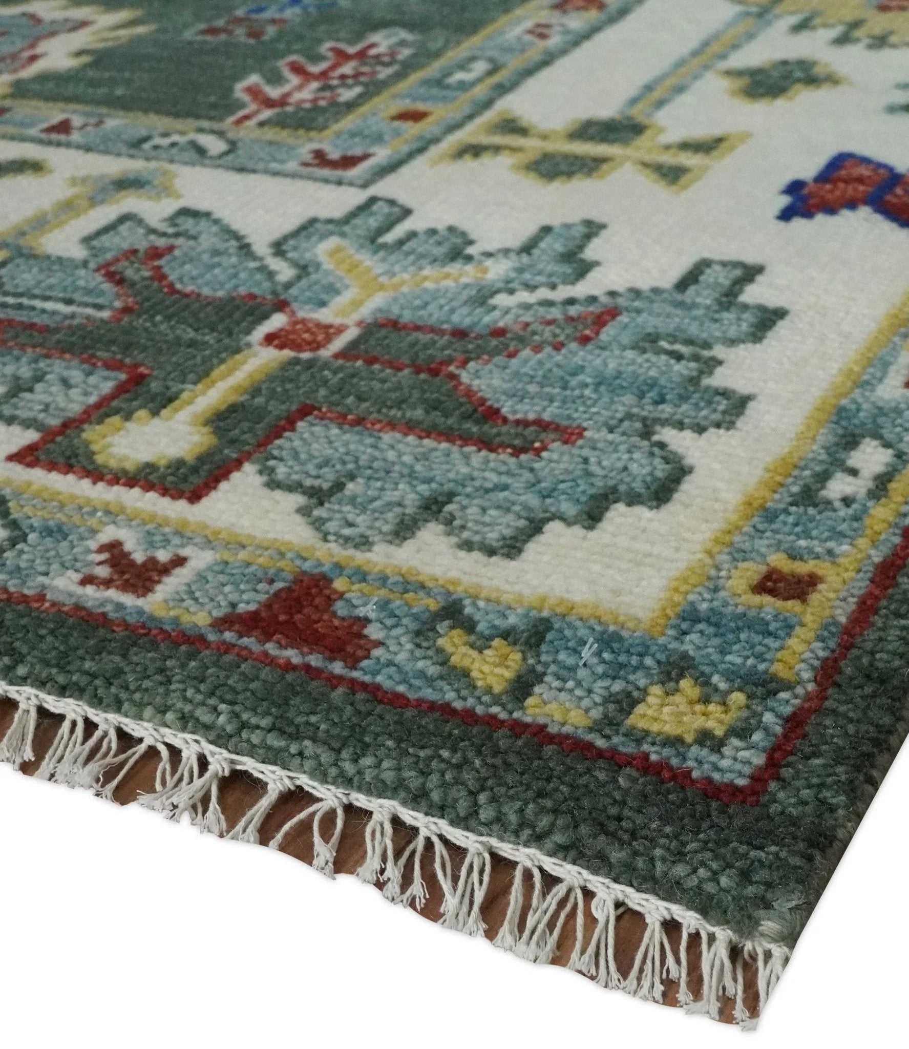 Custom Made Green and Ivory Colorful Hand knotted Traditional Oushak wool Area Rug - The Mayfair Hall