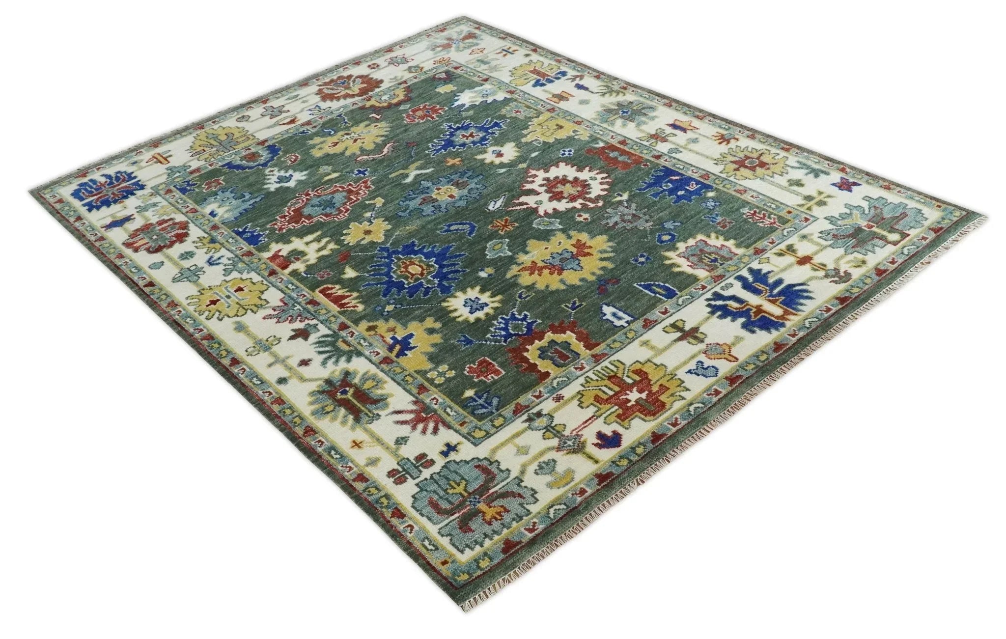 Custom Made Green and Ivory Colorful Hand knotted Traditional Oushak wool Area Rug - The Mayfair Hall