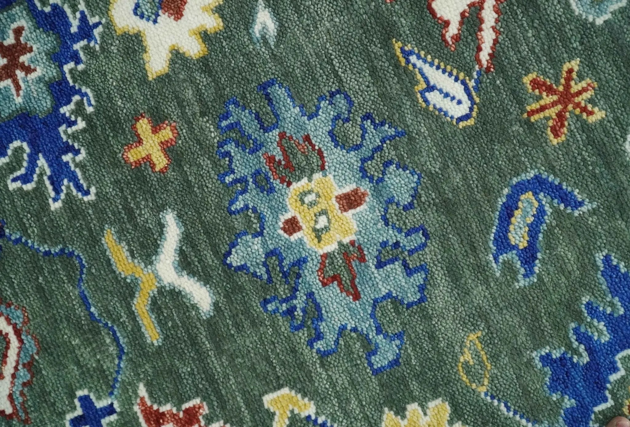 Custom Made Green and Ivory Colorful Hand knotted Traditional Oushak wool Area Rug - The Mayfair Hall