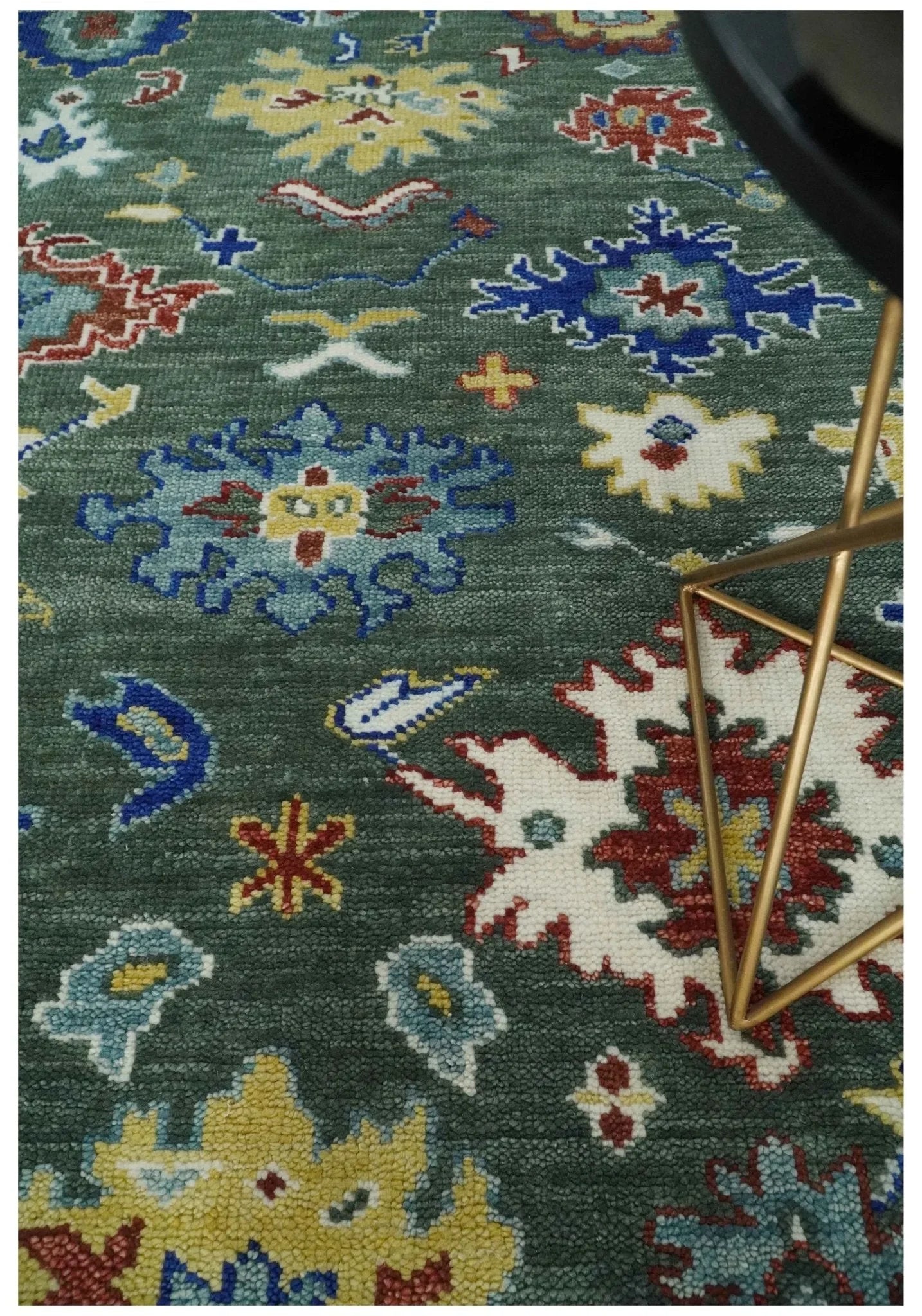 Custom Made Green and Ivory Colorful Hand knotted Traditional Oushak wool Area Rug - The Mayfair Hall