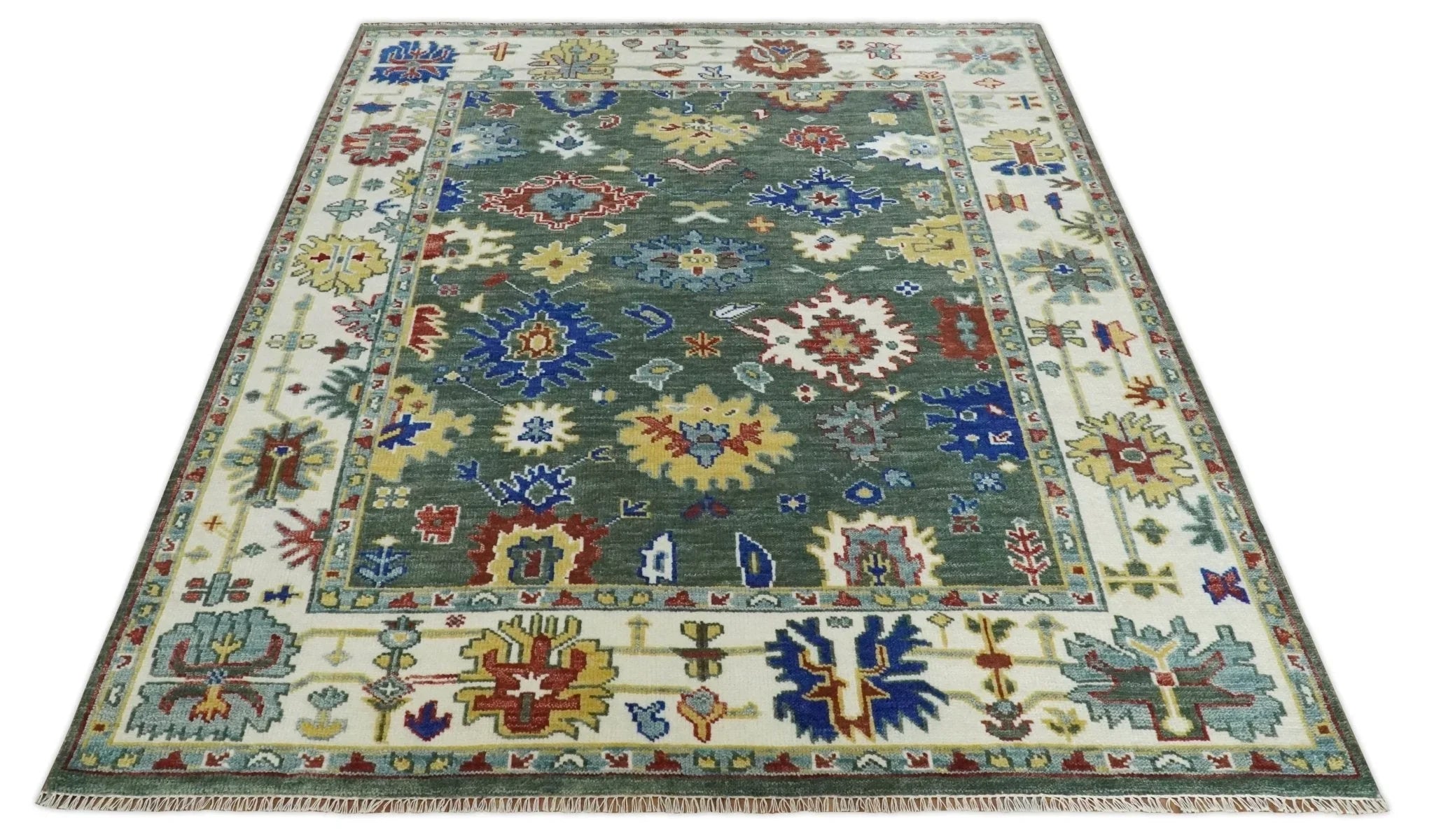 Custom Made Green and Ivory Colorful Hand knotted Traditional Oushak wool Area Rug - The Mayfair Hall