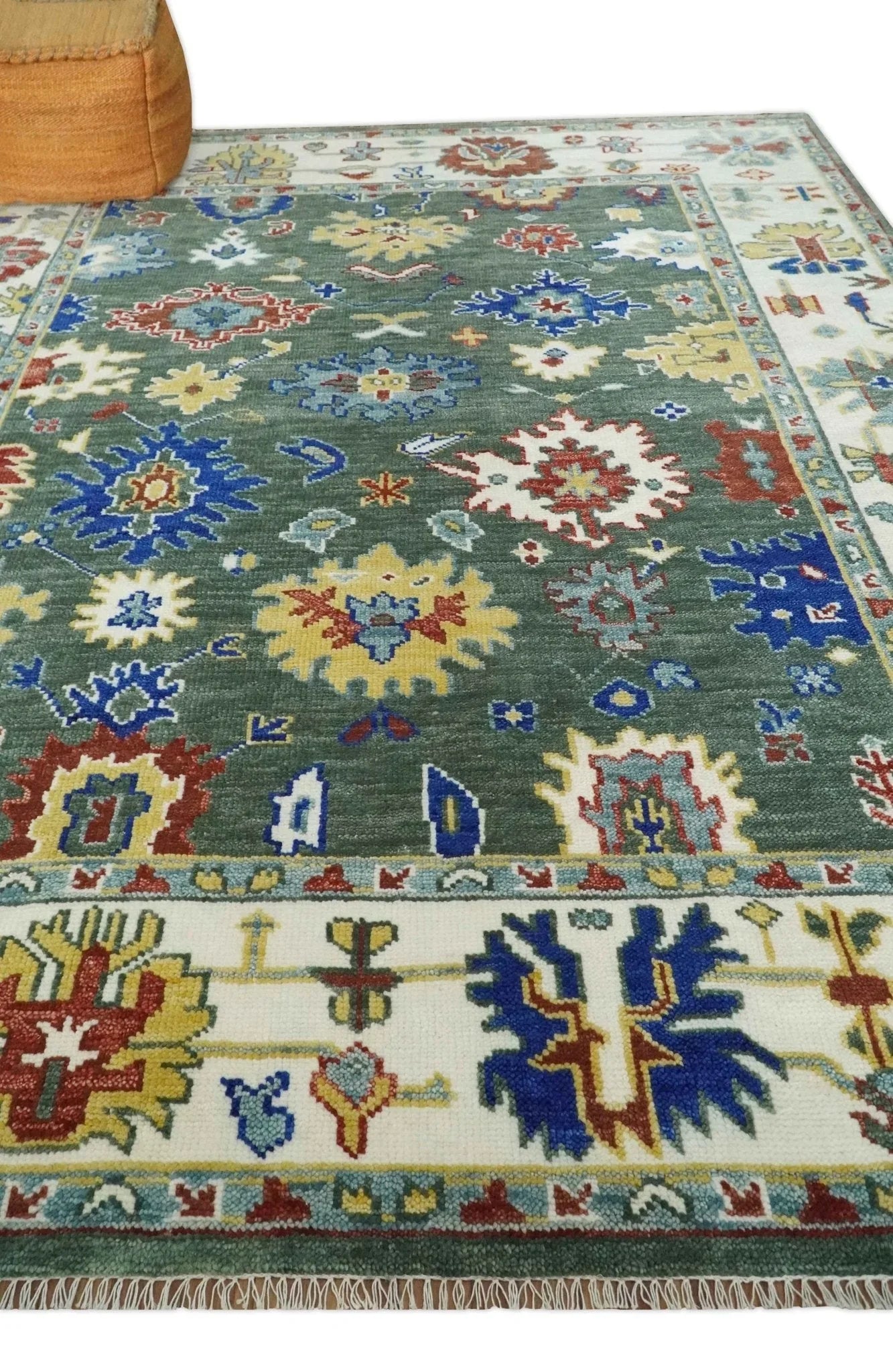 Custom Made Green and Ivory Colorful Hand knotted Traditional Oushak wool Area Rug - The Mayfair Hall