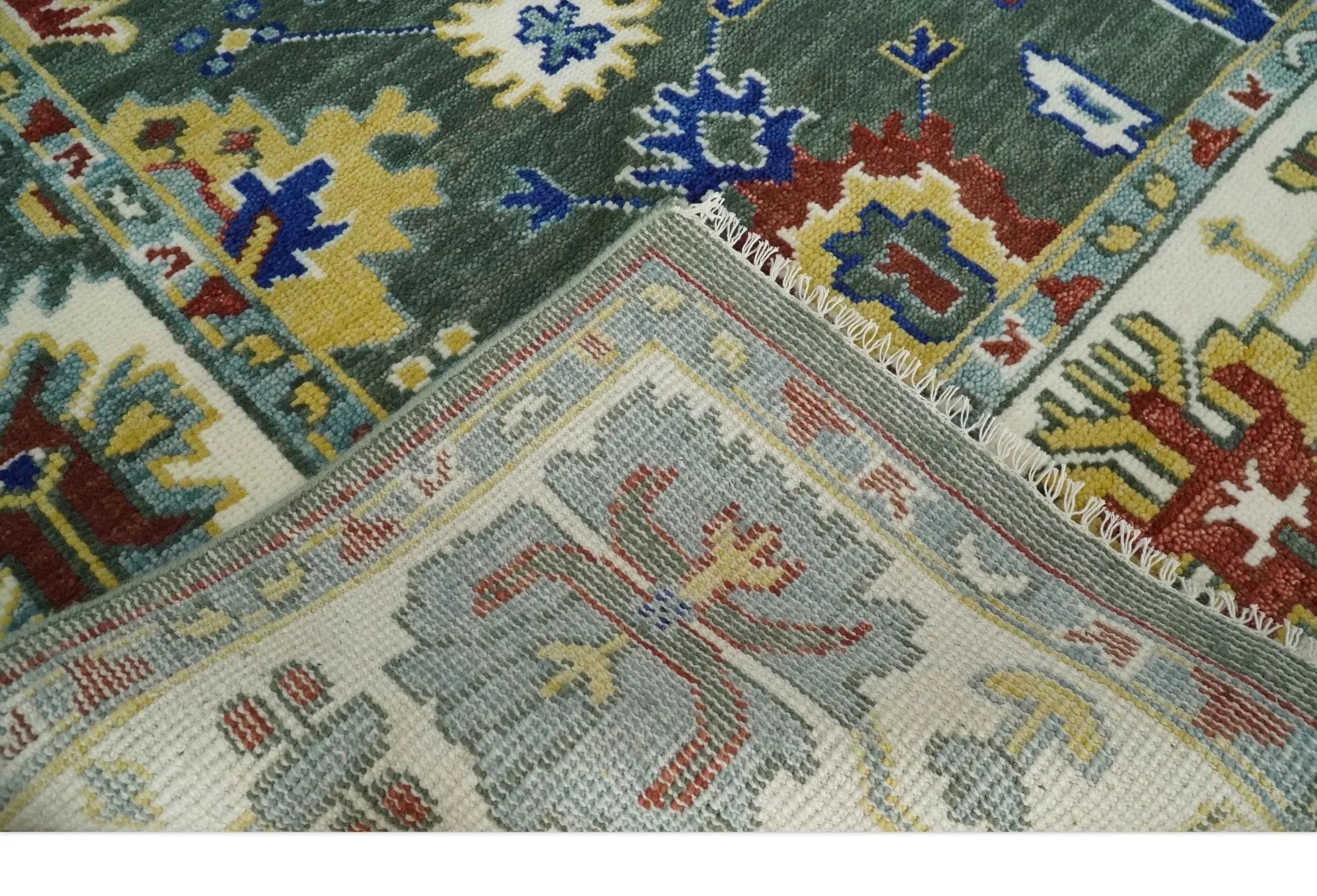 Custom Made Green and Ivory Colorful Hand knotted Traditional Oushak wool Area Rug - The Mayfair Hall