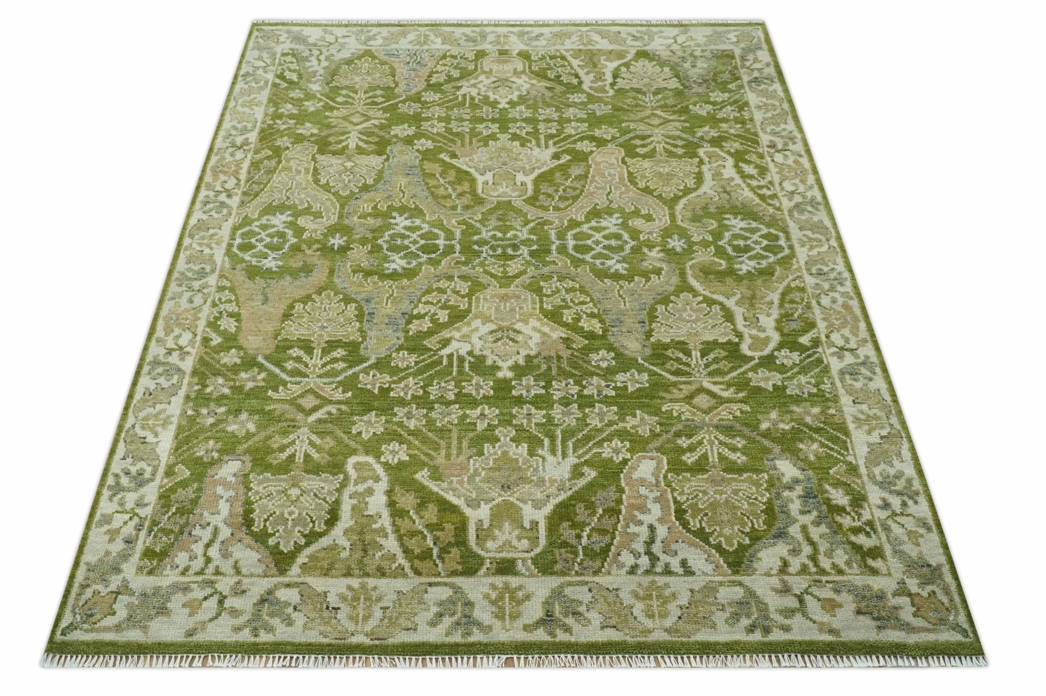 Custom Made Green and Ivory Traditional Dragon Oushak Design Hand knotted wool rug - The Rug Decor