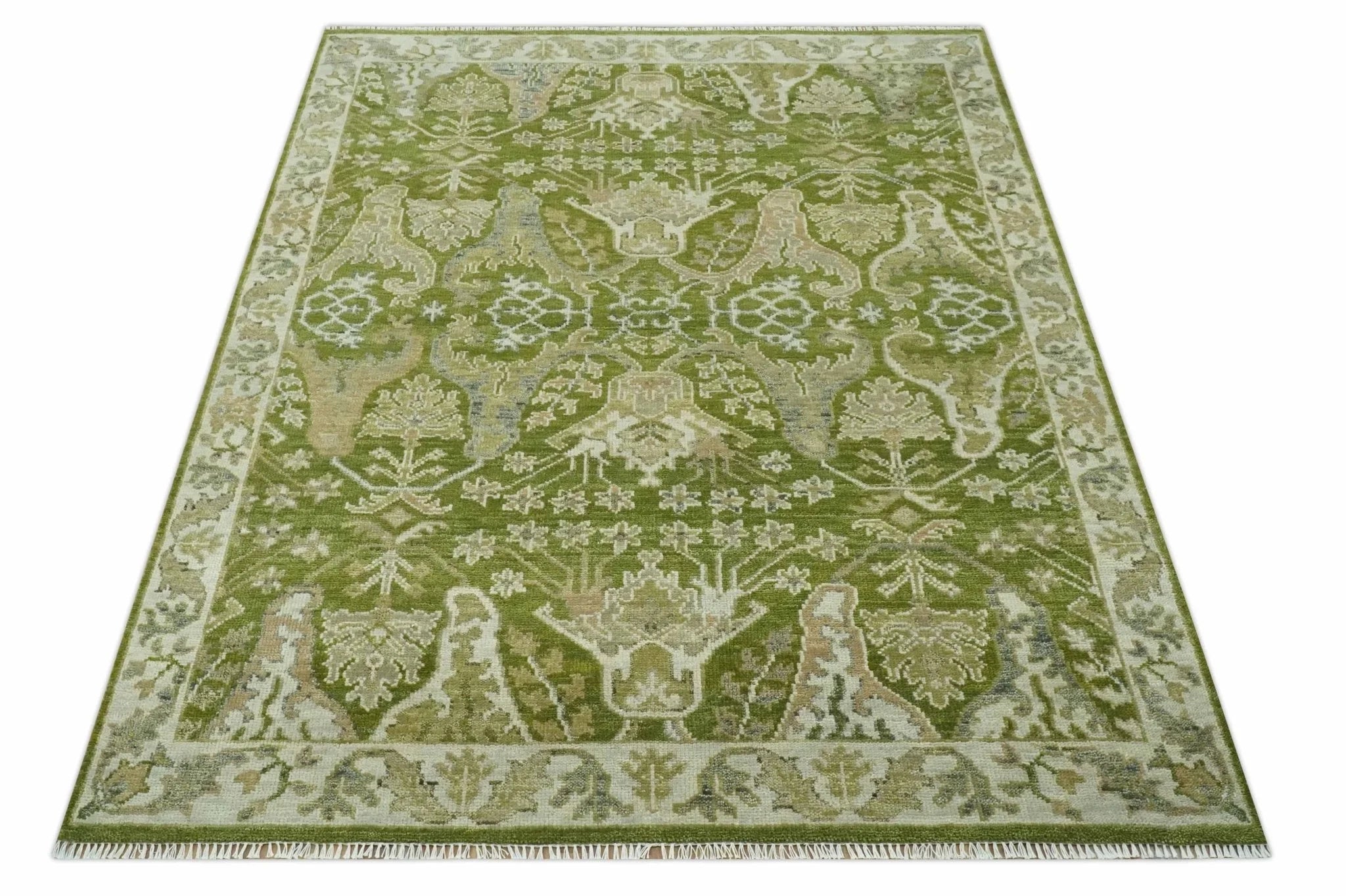 Custom Made Green and Ivory Traditional Dragon Oushak Design Hand knotted wool rug - The Rug Decor