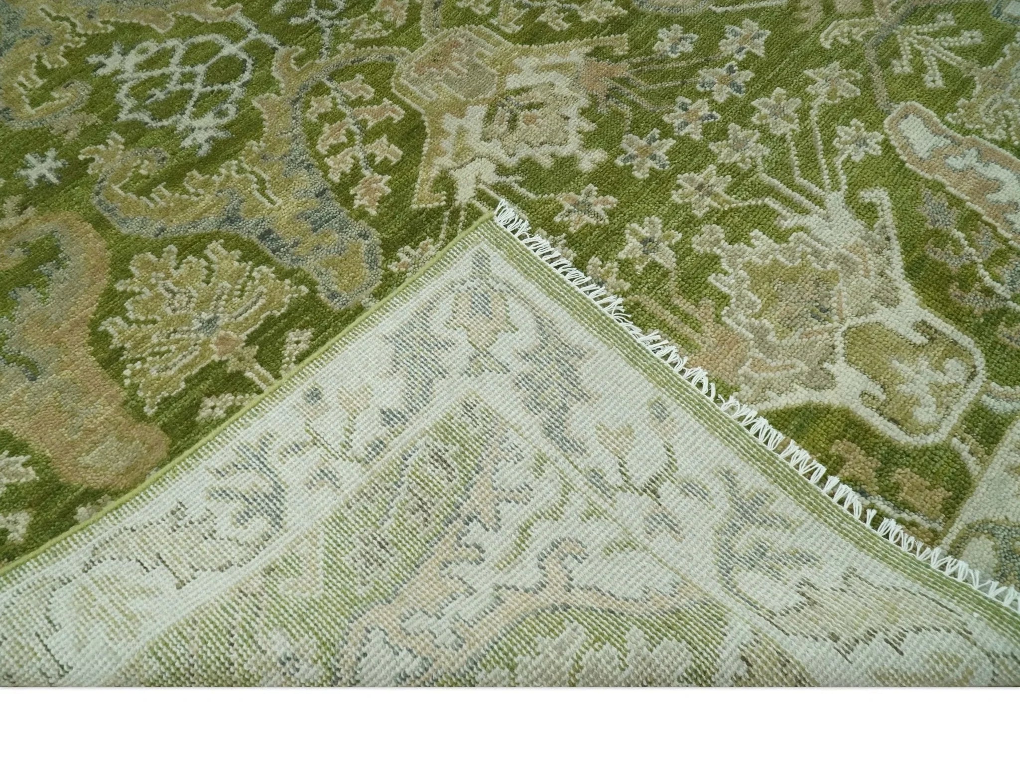 Custom Made Green and Ivory Traditional Dragon Oushak Design Hand knotted wool rug - The Rug Decor