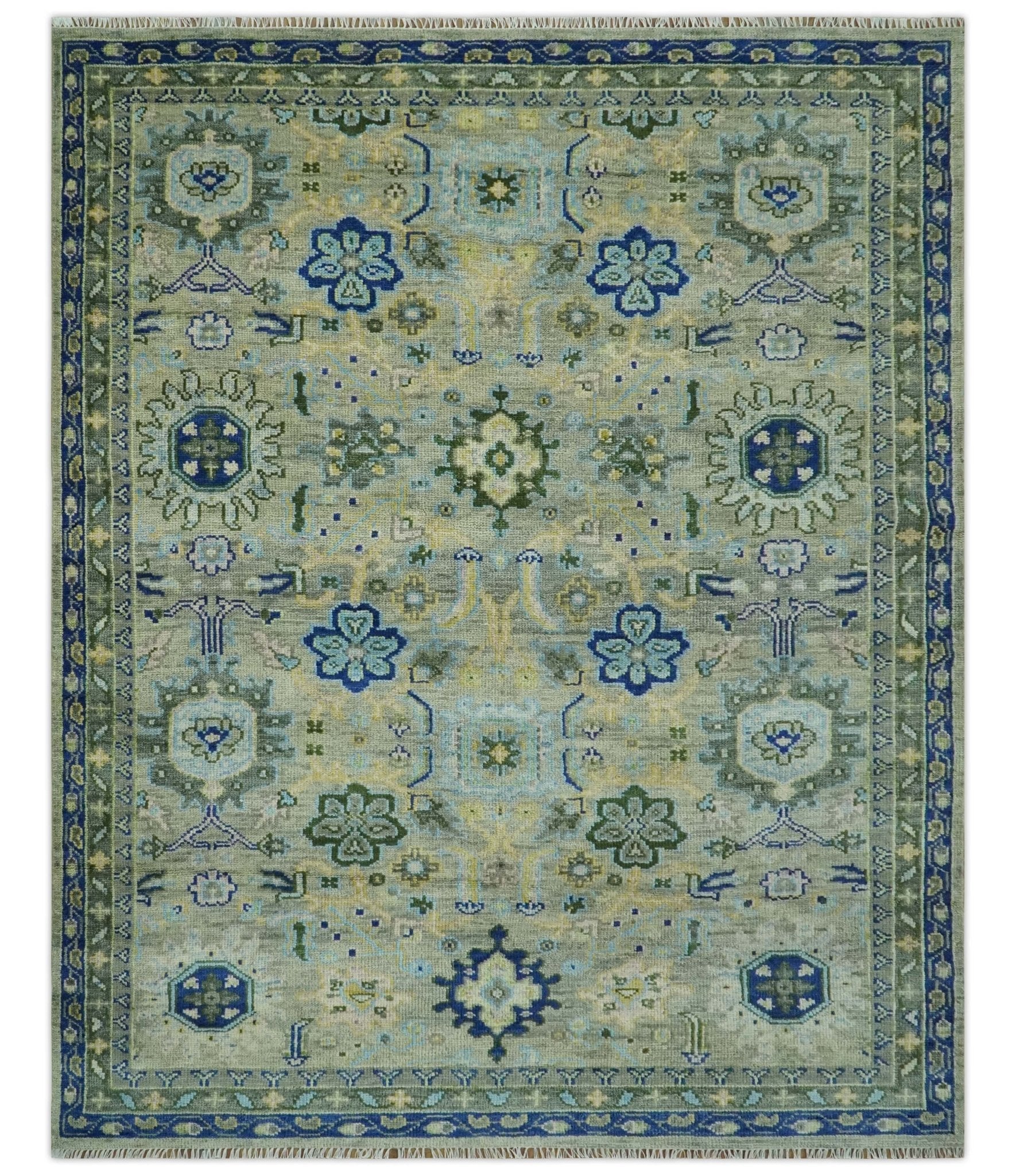 Custom Made Green, Grey and Mustard Hand Knotted Traditional Oushak wool area rug - The Rug Decor